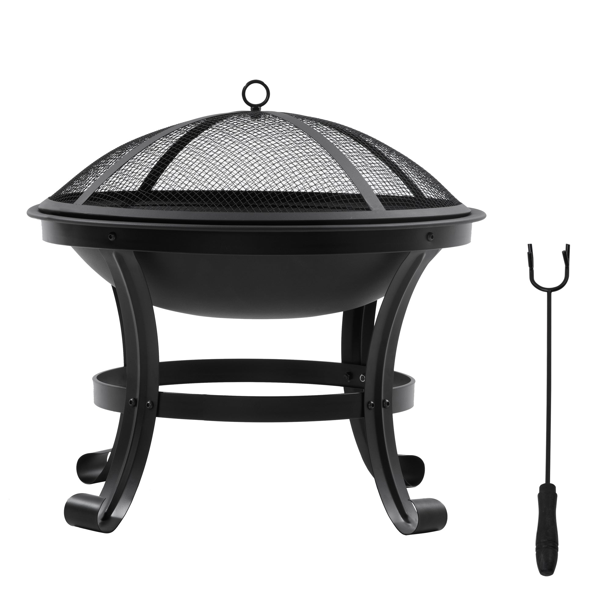 Outsunny Outdoor Fire Pit, Firepit with Mesh Lid, Poker, for Camping, Bonfire, Picnic, Black