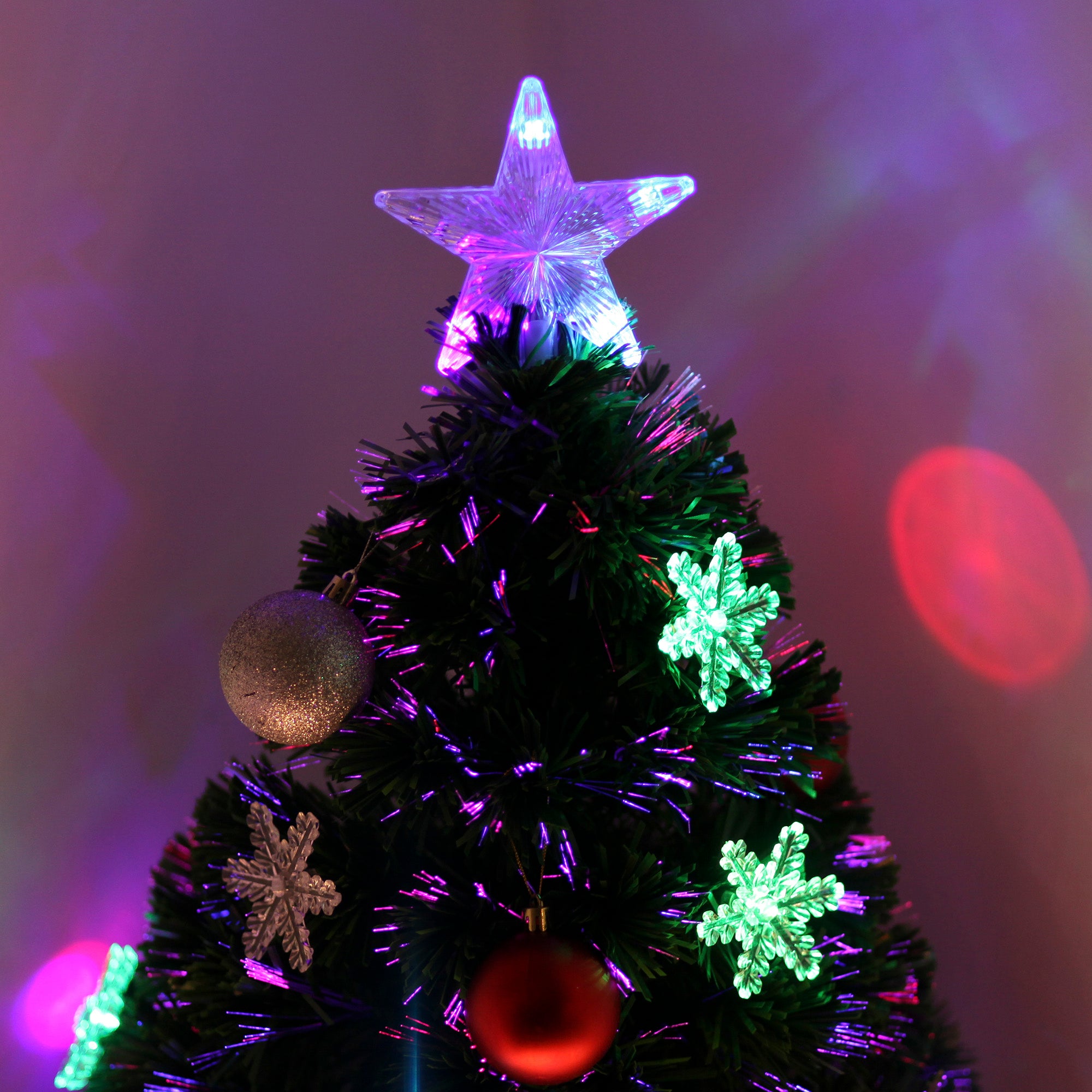 HOMCOM 3FT Green Fibre Optic Artificial Christmas Tree Xmas Colourful LED Scattered Tree with Snowflakes Ornaments Fireproofing - North Peak Garden Furniture
