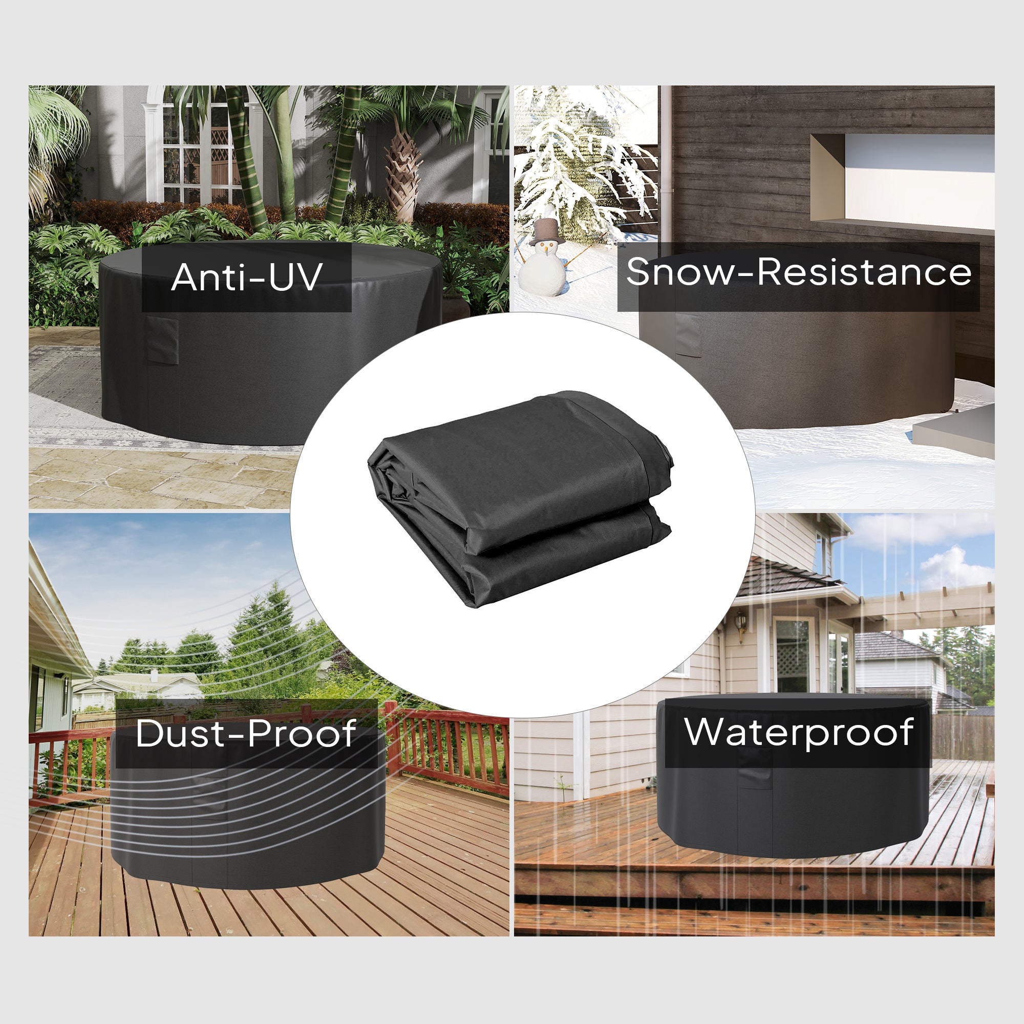 Outsunny Garden Patio Large Furniture Set Round Cover 600D Oxford Waterproof, Ф193 x 80H cm, Black - North Peak Garden Furniture
