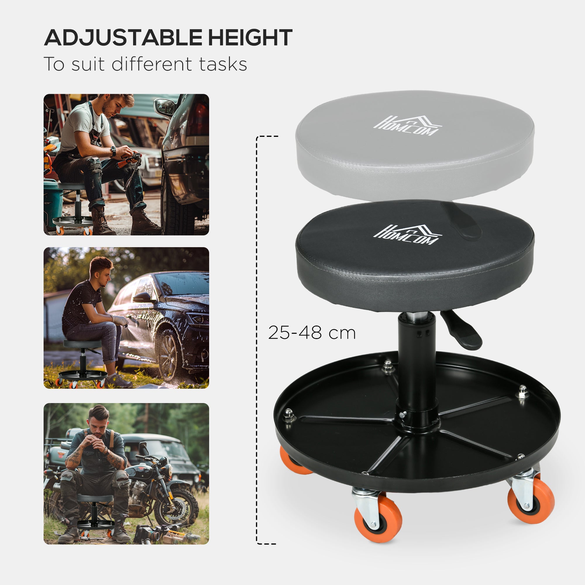 HOMCOM Workshop Stool, Pneumatic Adjustable Mechanic Stool, with Tool Tray, Wheels - Black - North Peak Garden Furniture