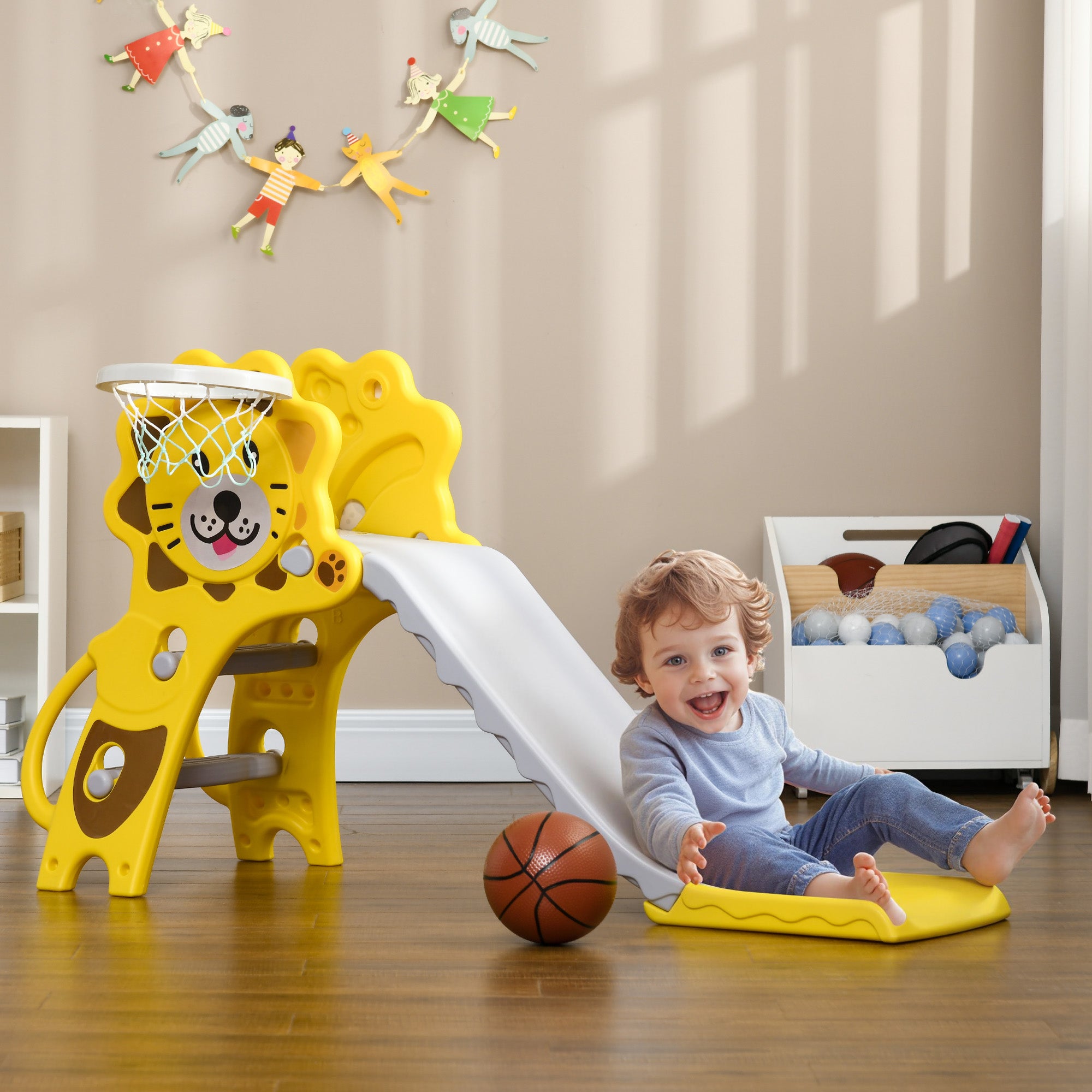 AIYAPLAY Baby Slide with Basketball Hoop, Easy to Assemble Kids Slide for Indoor Use, for Ages 18-36 Months - Yellow