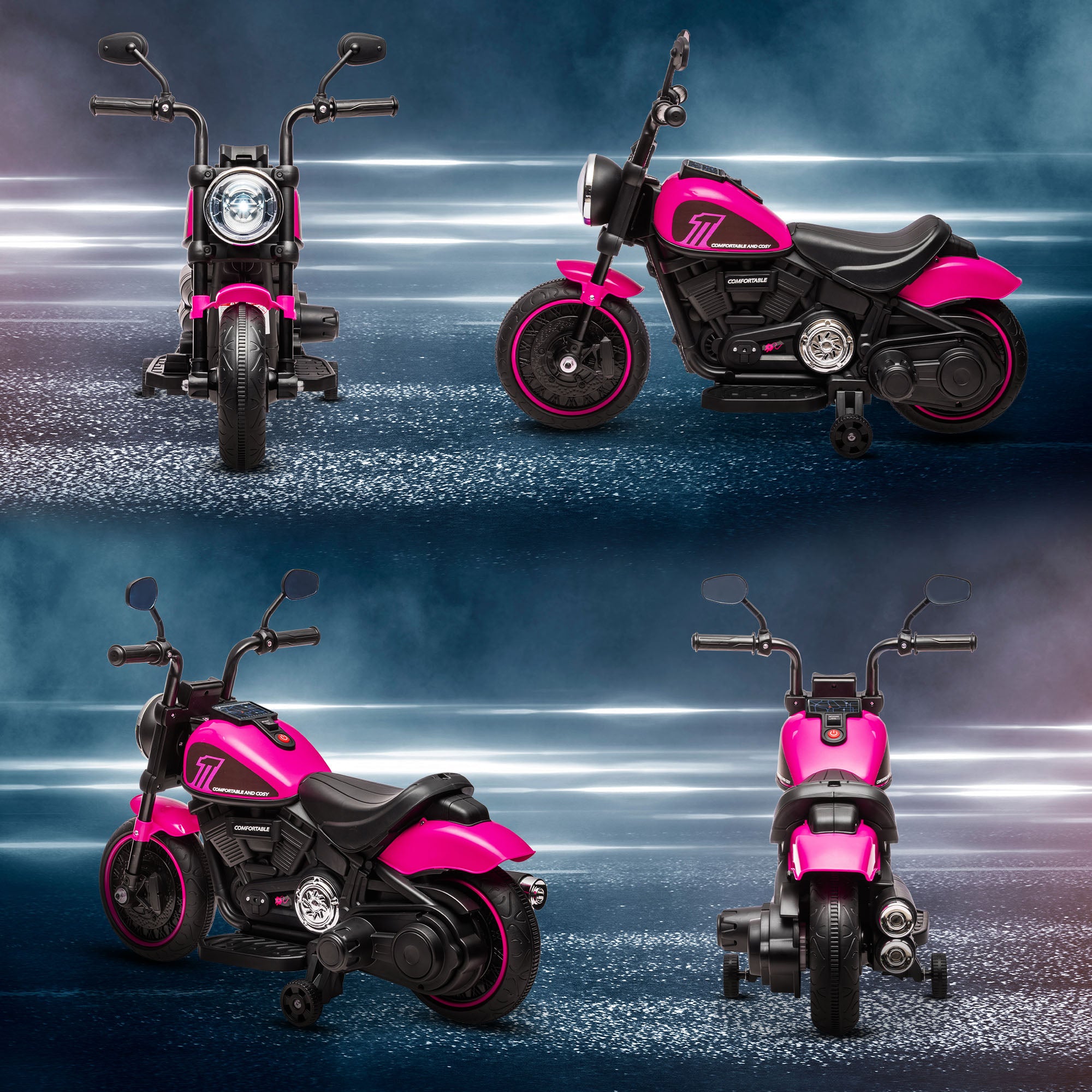 HOMCOM 6v Electric Motorbike with Training Wheels, One-Button Start - Pink - North Peak Garden Furniture