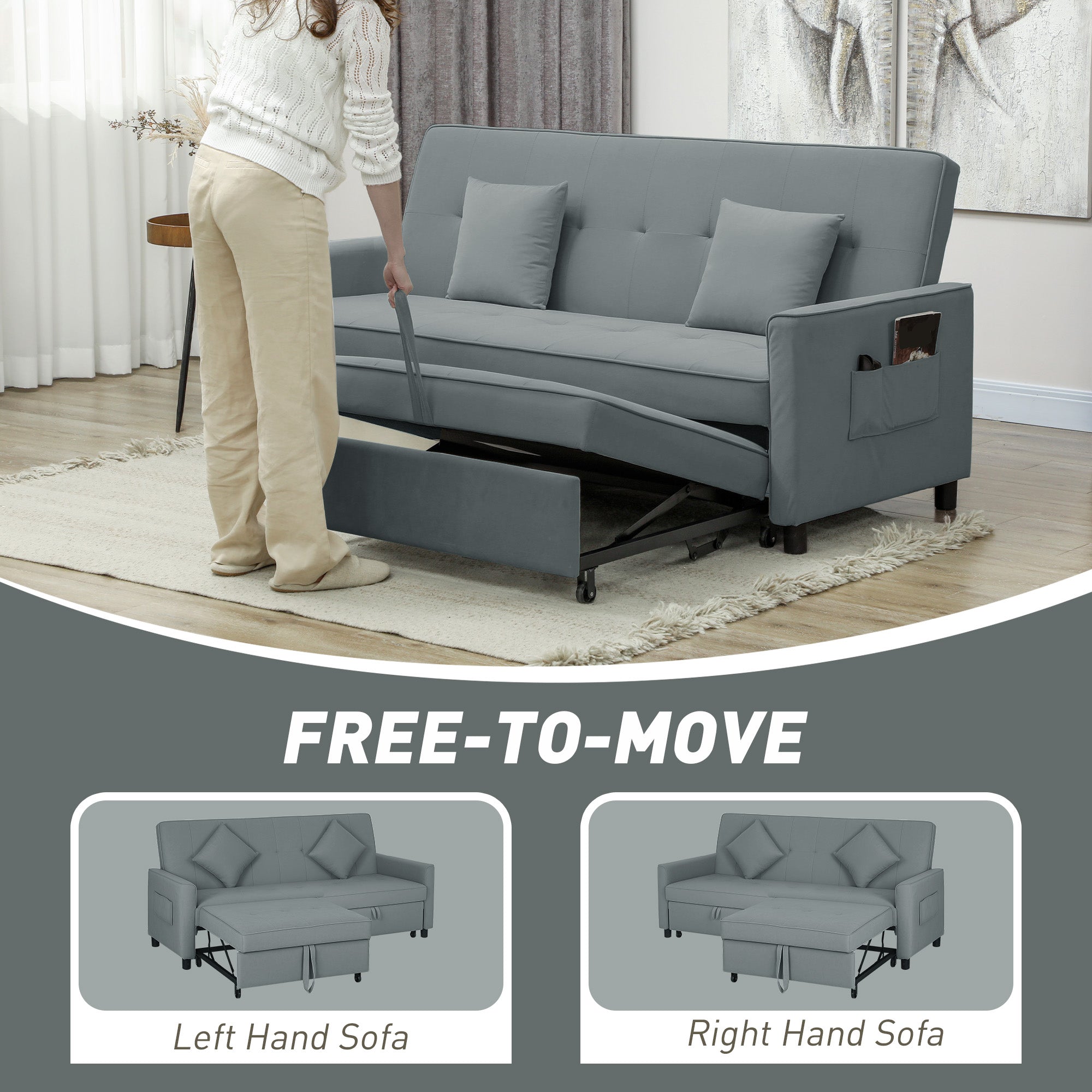 HOMCOM Three-Person Velvet-Feel Sofa Bed - Grey - North Peak Garden Furniture