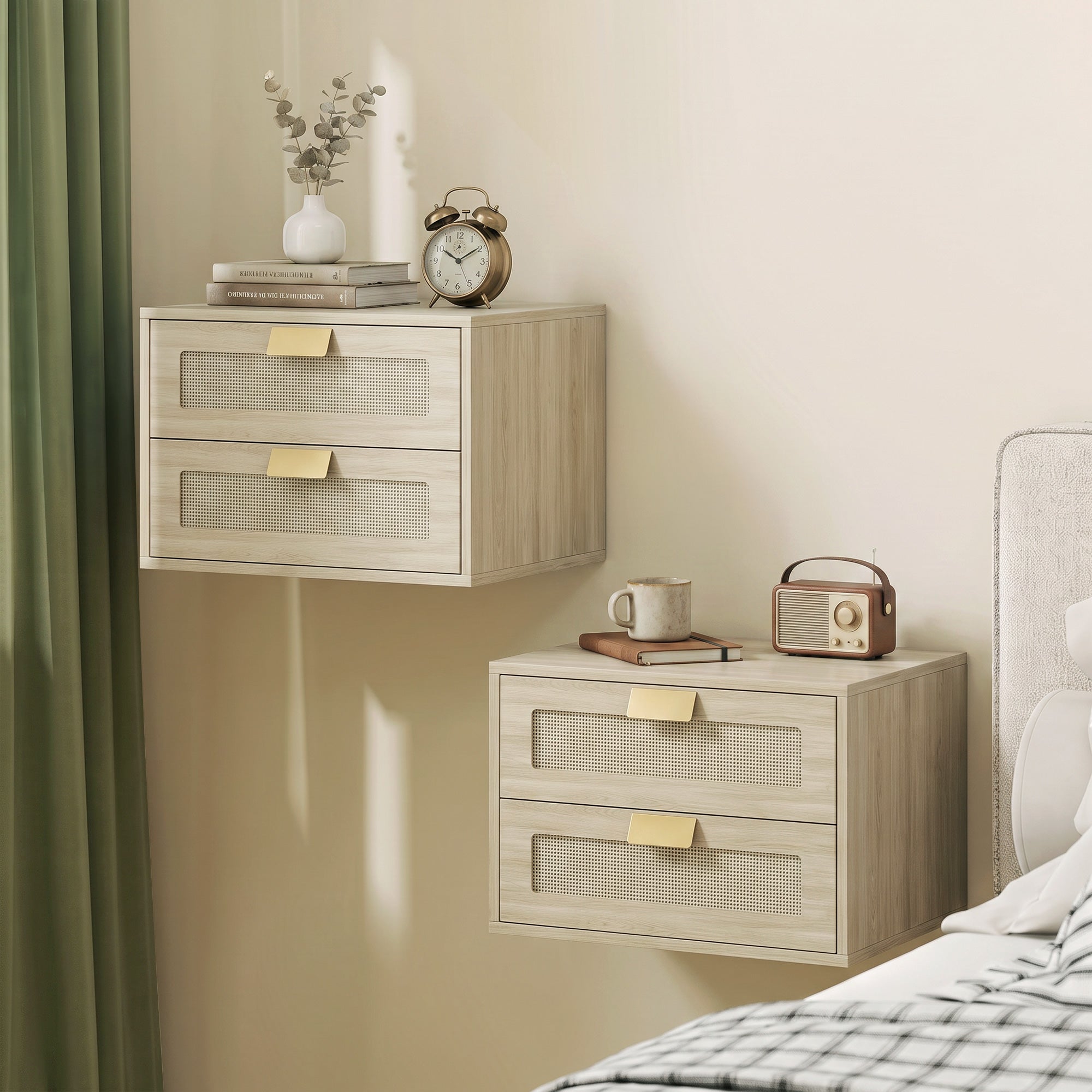 HOMCOM Modern Floating Nightstands Set of 2, Wall Mounted Bedside Tables with 2 Drawers, Oak