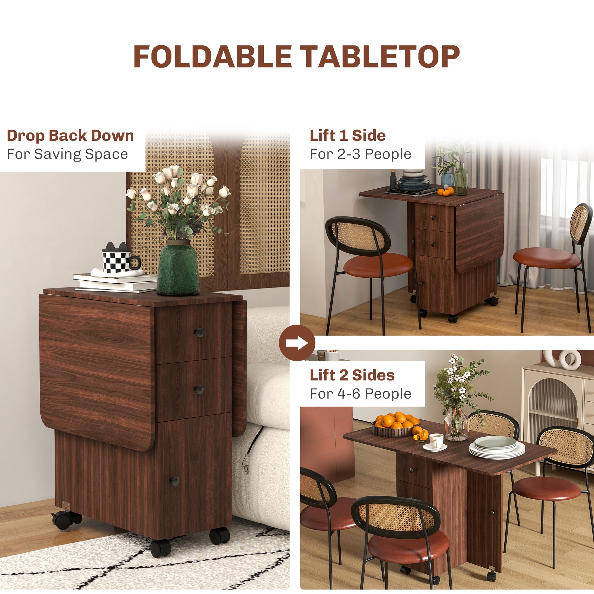 HOMCOM Multi-Storage Six-Person Drop Leaf Dining Table - Distressed Brown - North Peak Garden Furniture