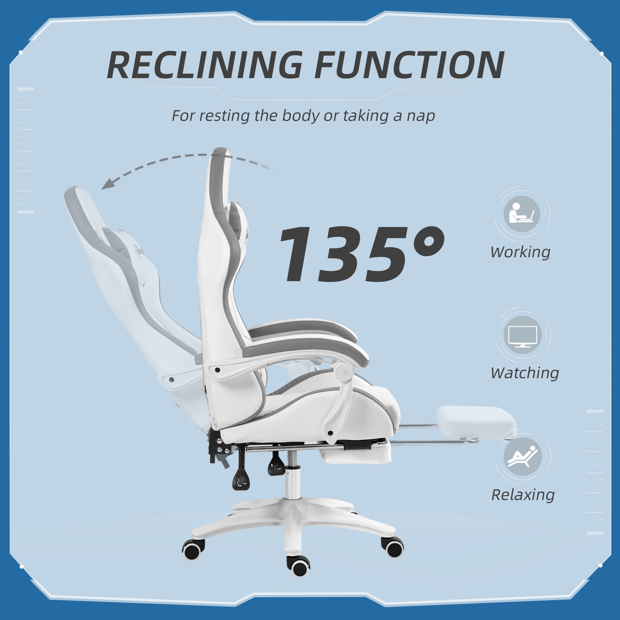 Vinsetto Computer Gaming Chair, PU Leather Desk Chair with Footrest, Swivel Task Chair with 135° Reclining Back and Lumbar Support, PC Chair for Adults, White and Grey - North Peak Garden Furniture