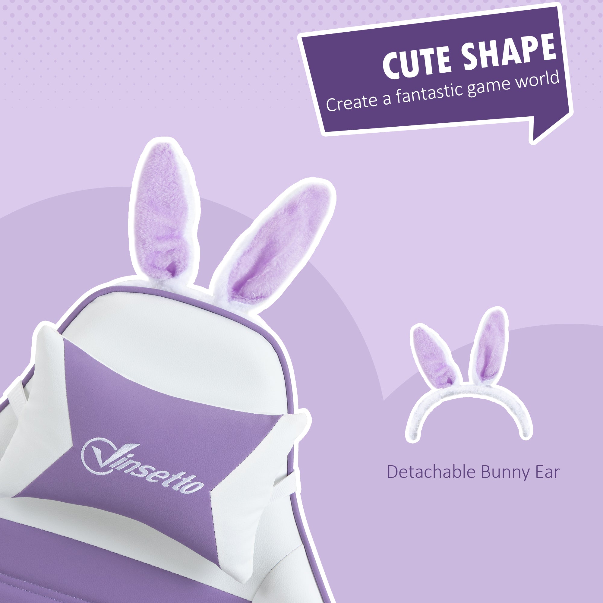 Vinsetto Racing Gaming Chair, Reclining PU Leather Computer Chair with Removable Rabbit Ears, Footrest, Headrest and Lumber Support, Purple - North Peak Garden Furniture