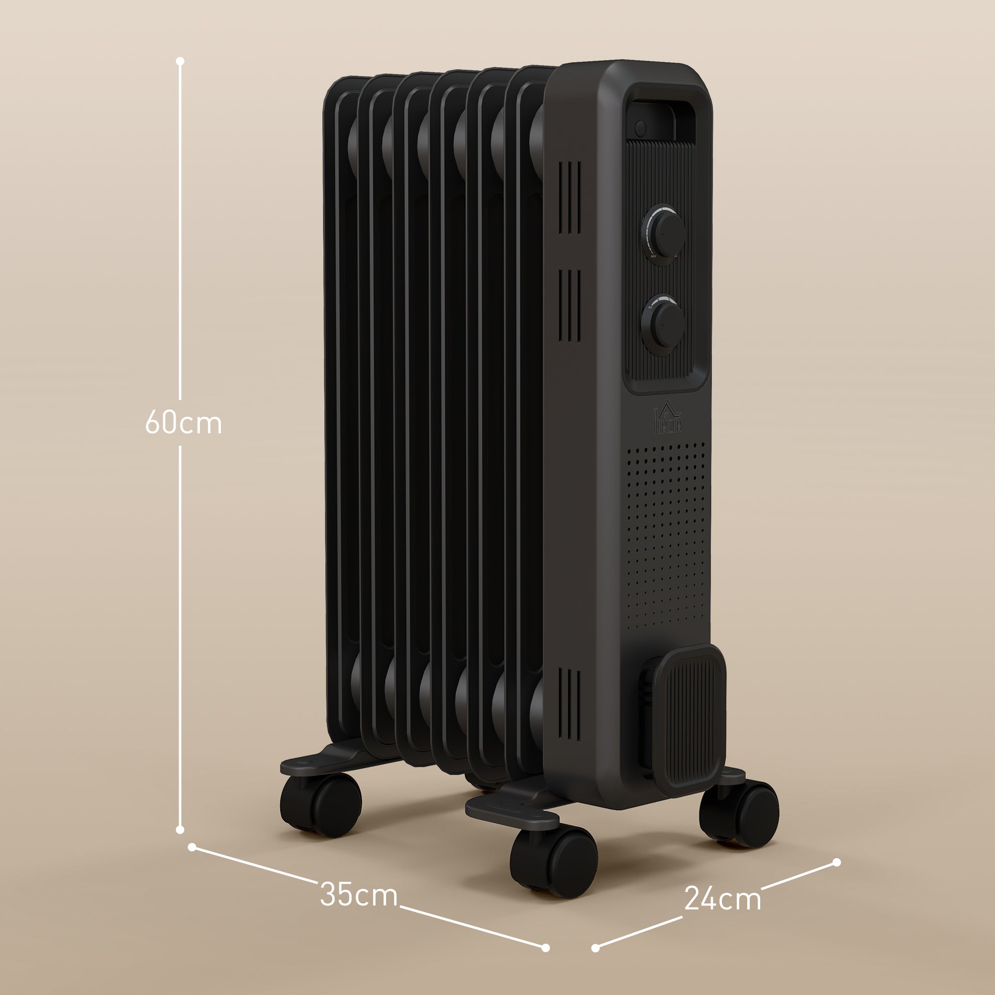 HOMCOM 1500W Oil Filled Radiator, 7 Fin, Portable Electric Heater with 3 Heat Settings, Safety Cut-Off and Wheels, Grey - North Peak Garden Furniture