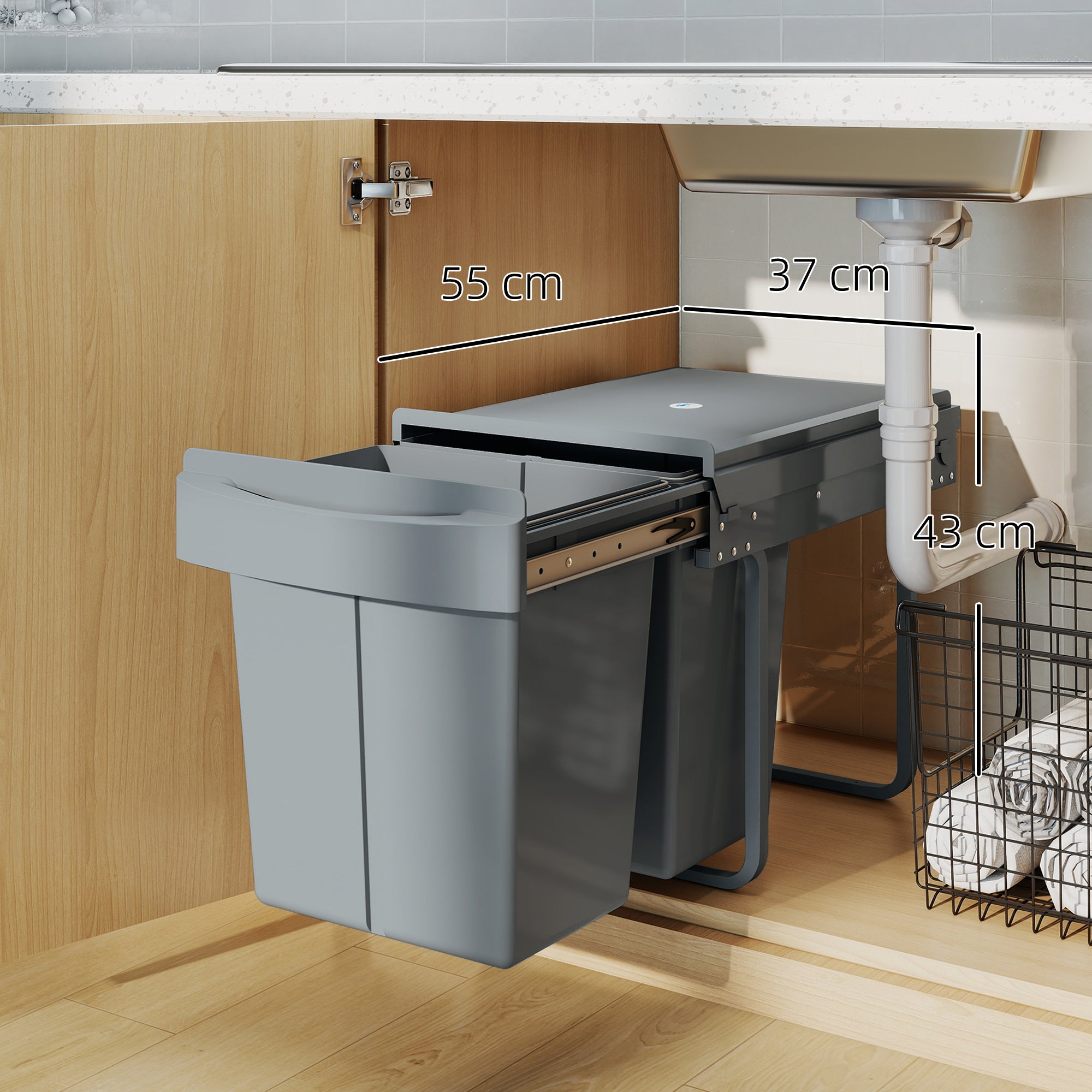 HOMCOM Pull Out Bin, Kitchen Under Sink Bin with 2 Removable Compartments, Smooth Glide, Grey