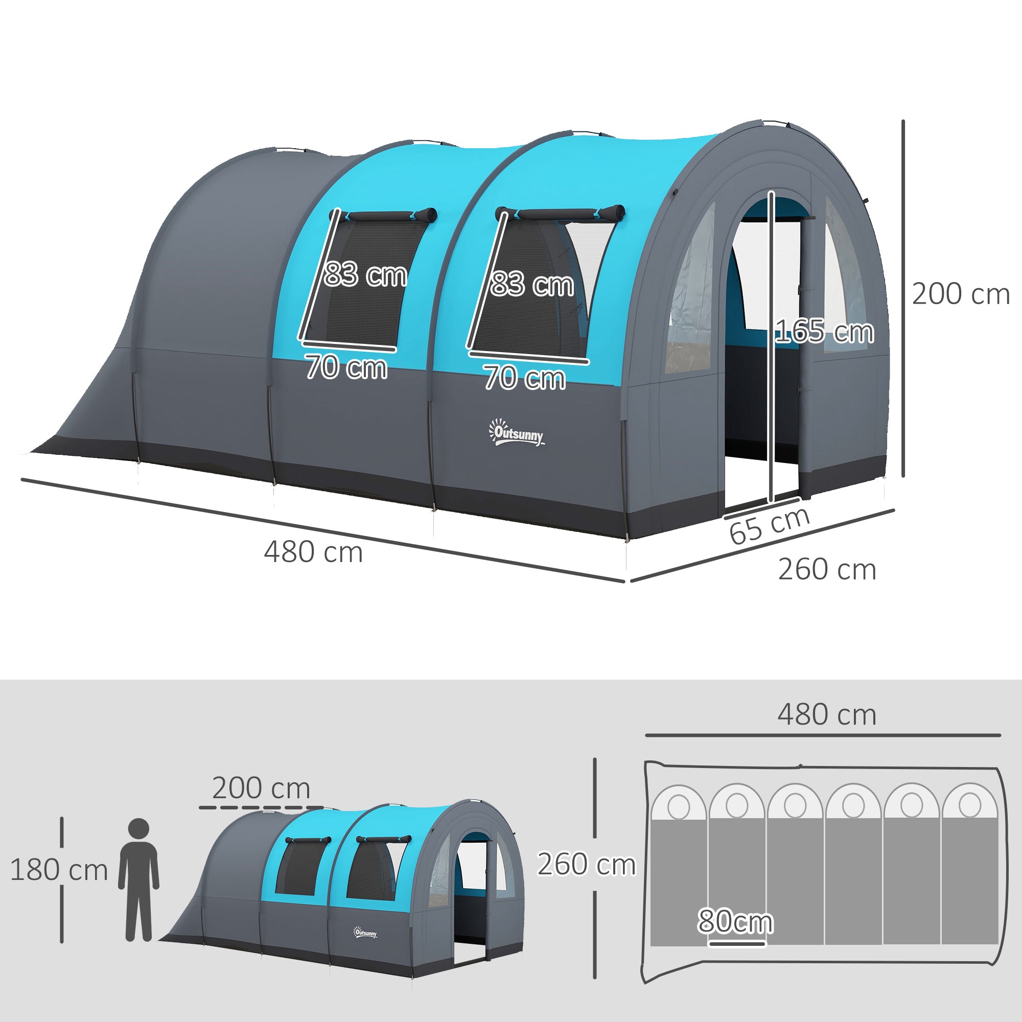 Outsunny Six Man Duo Room Tunnel Tent, with Accessories - Grey/Blue - North Peak Garden Furniture