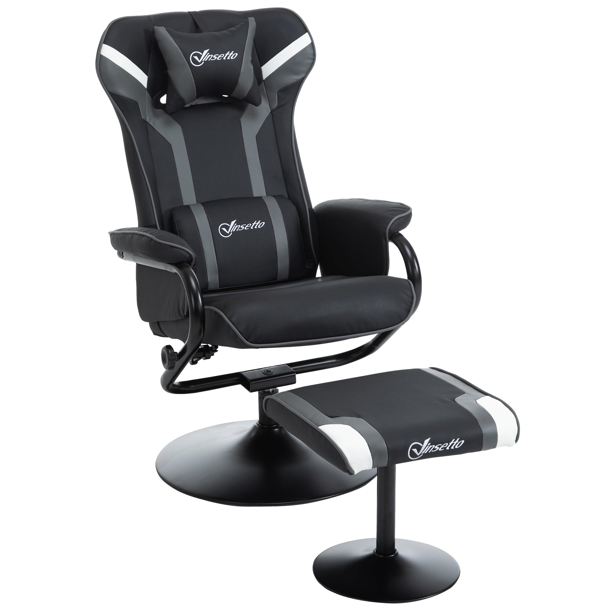 Vinsetto Reclining Chair and Stool Set, Recliner Chair with Headrest, Gaming Chair with Lumbar Support, Pedestal Base for Home Office, Grey - North Peak Garden Furniture