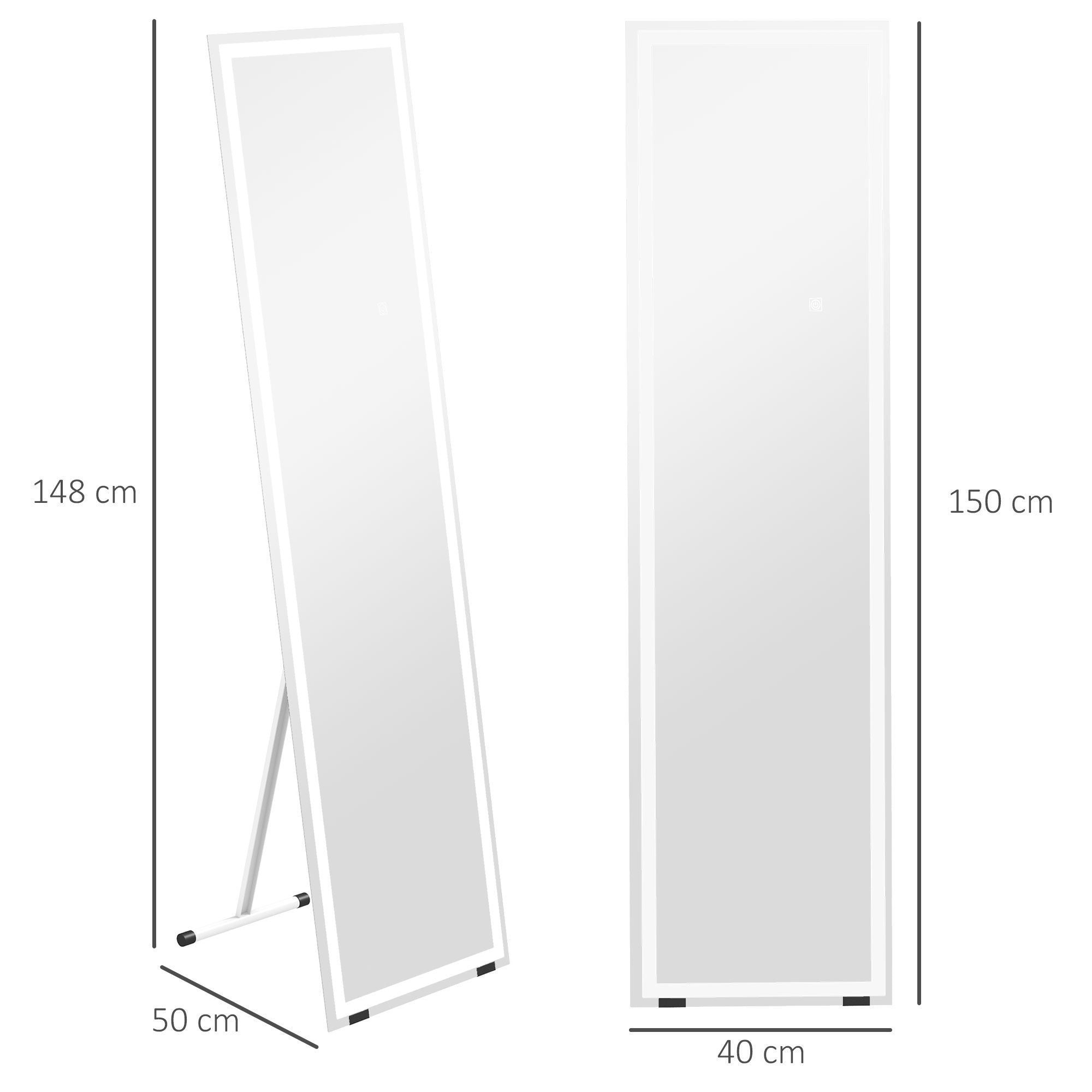 HOMCOM Standing Dressing Mirror with LED Lights, Wall Dressing Mirror for Bedroom with Dimmable and 3 Colour Lighting, White - North Peak Garden Furniture