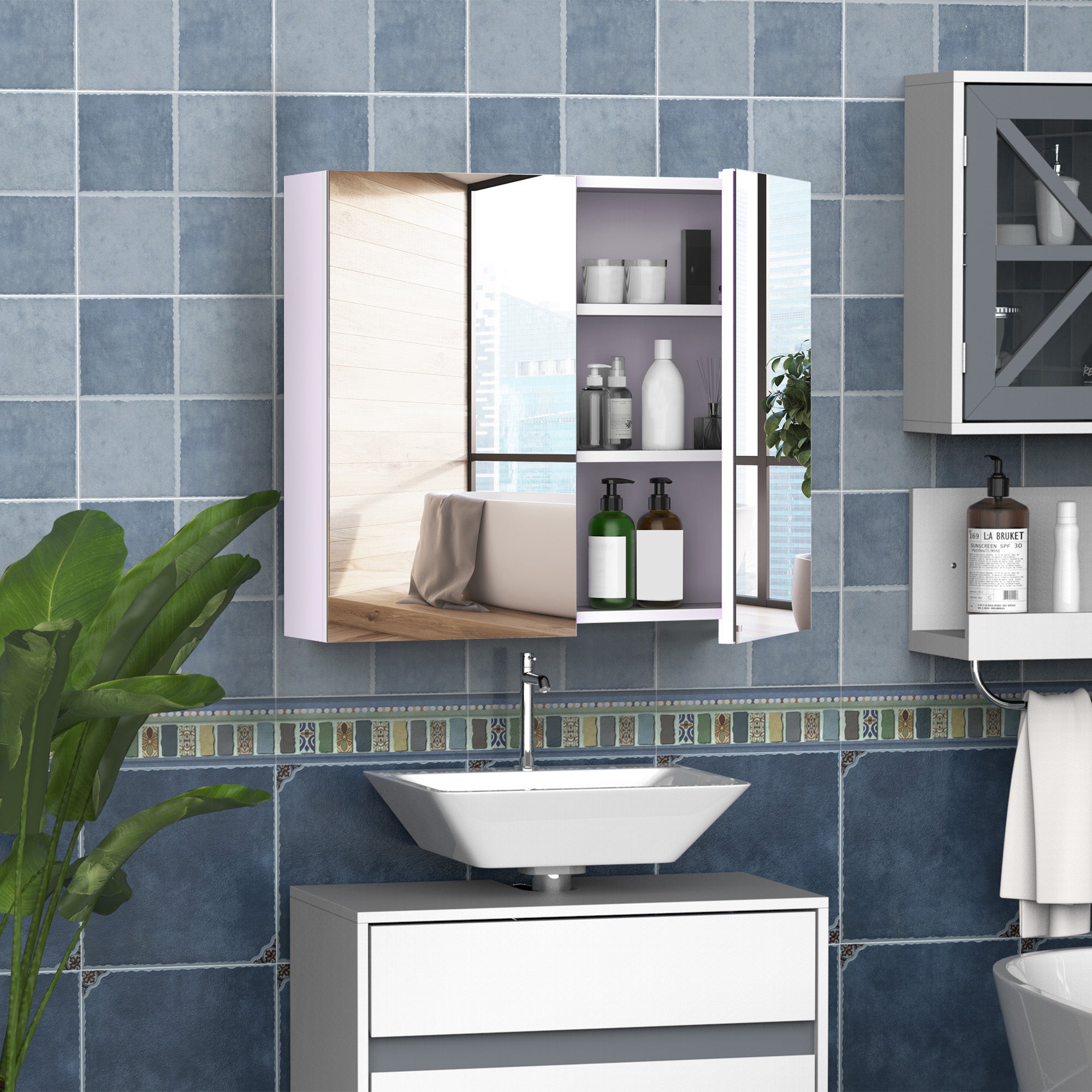 HOMCOM Mirror Cabinet, Wall Mount Bathroom Storage Cabinet with Adjustable Shelf, Double Door Cupboard, 70 x 15 x 60 cm, White - North Peak Garden Furniture