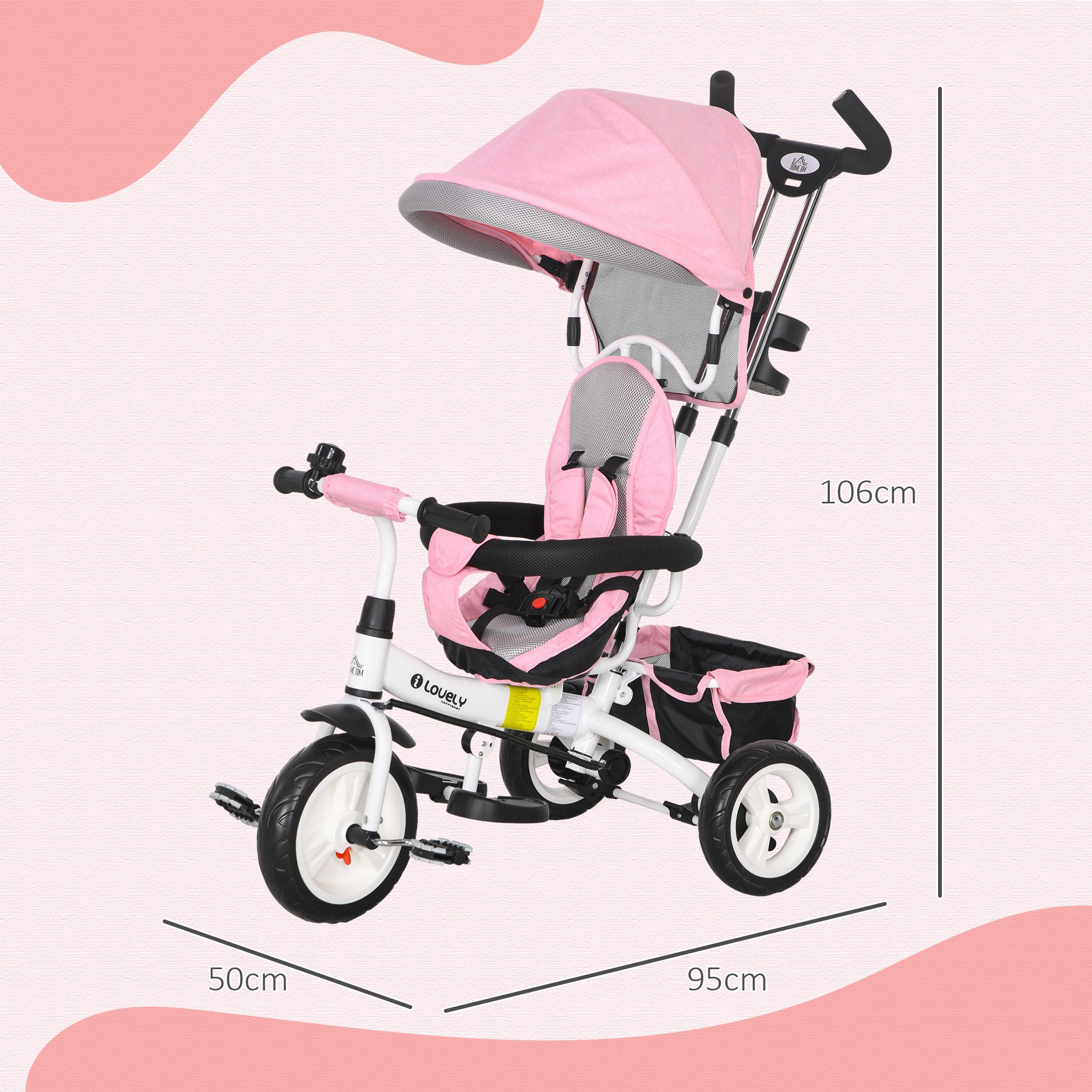 HOMCOM 6 in 1 Kids Trike Push Bike w/ Push Handle, Canopy, 5-point Safety Belt, Storage, Footrest, Brake, for 1-5 Years, Pink