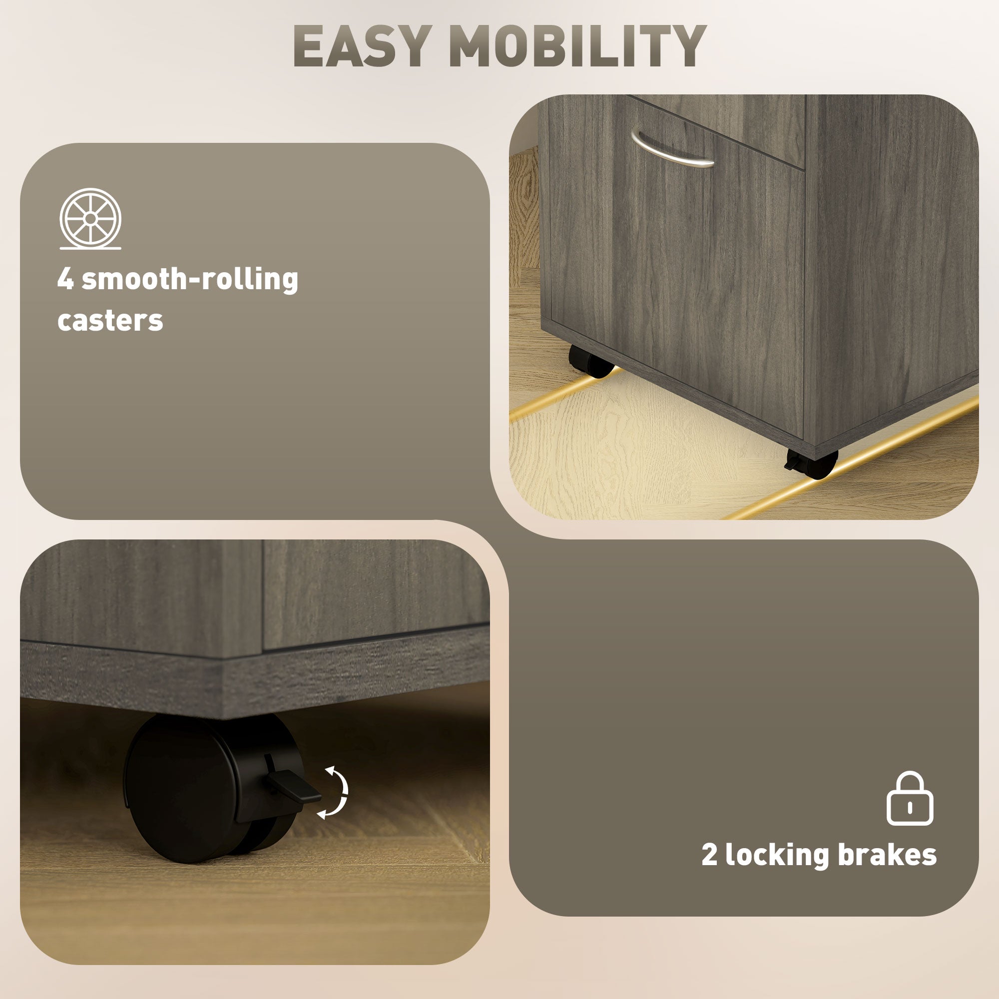 HOMCOM 60cm Filing Cabinet with Drawer, Open Shelf, Metal Handles and 4 Wheels, Office Home Organiser Mobile Printer, Grey - North Peak Garden Furniture
