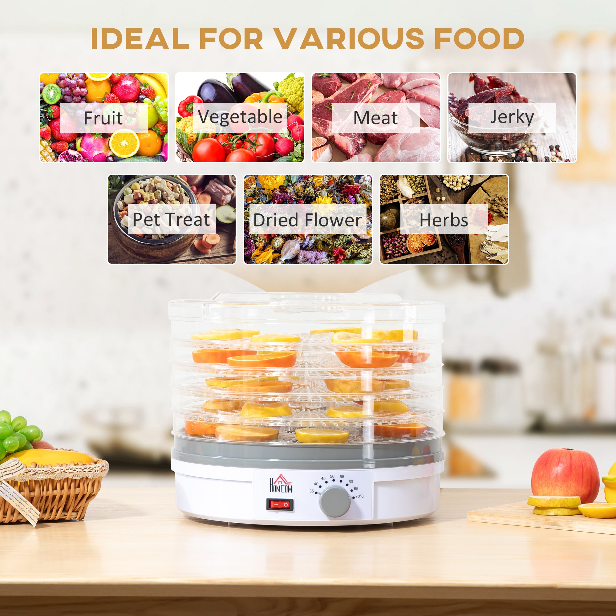 HOMCOM 5 Tier Food Dehydrator, 245W Food Dryer Machine with Adjustable Temperature Control for Drying Fruit, Meat, Vegetable, Jerky and Pet Treat, White - North Peak Garden Furniture