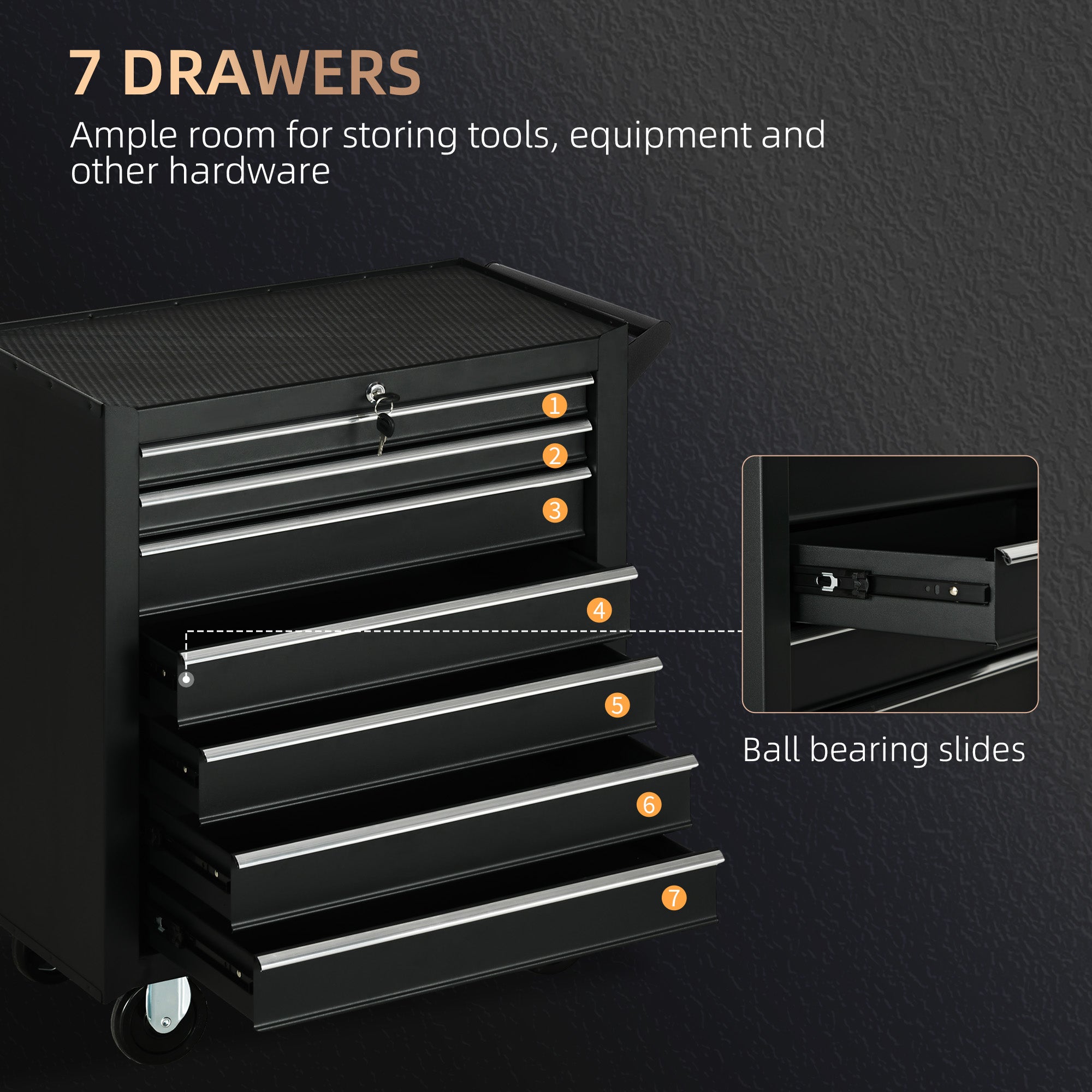 DURHAND 7-Drawer Rolling Tool Chest on Wheels, Lockable Tool Cabinet with Side Handle, Metal Tool Box Trolley for Garage, Workshop, Matte Black - North Peak Garden Furniture