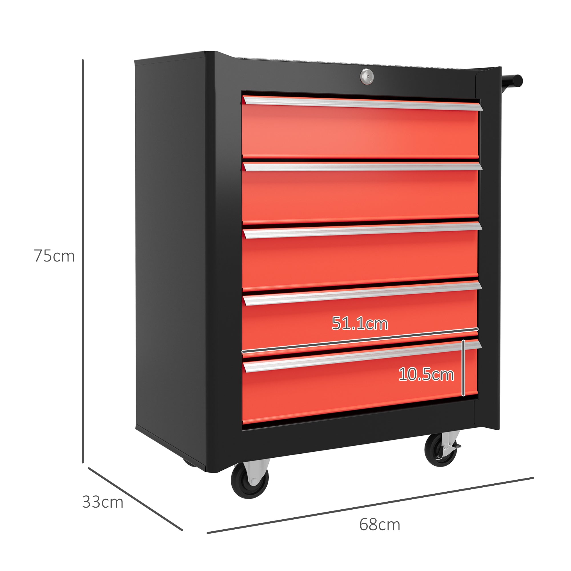 HOMCOM 5-Drawer Tool Chest with Wheels, Steel Lockable Tool Storage Cabinet with Handle, 2 Keys for Garage, Workshop, Red - North Peak Garden Furniture