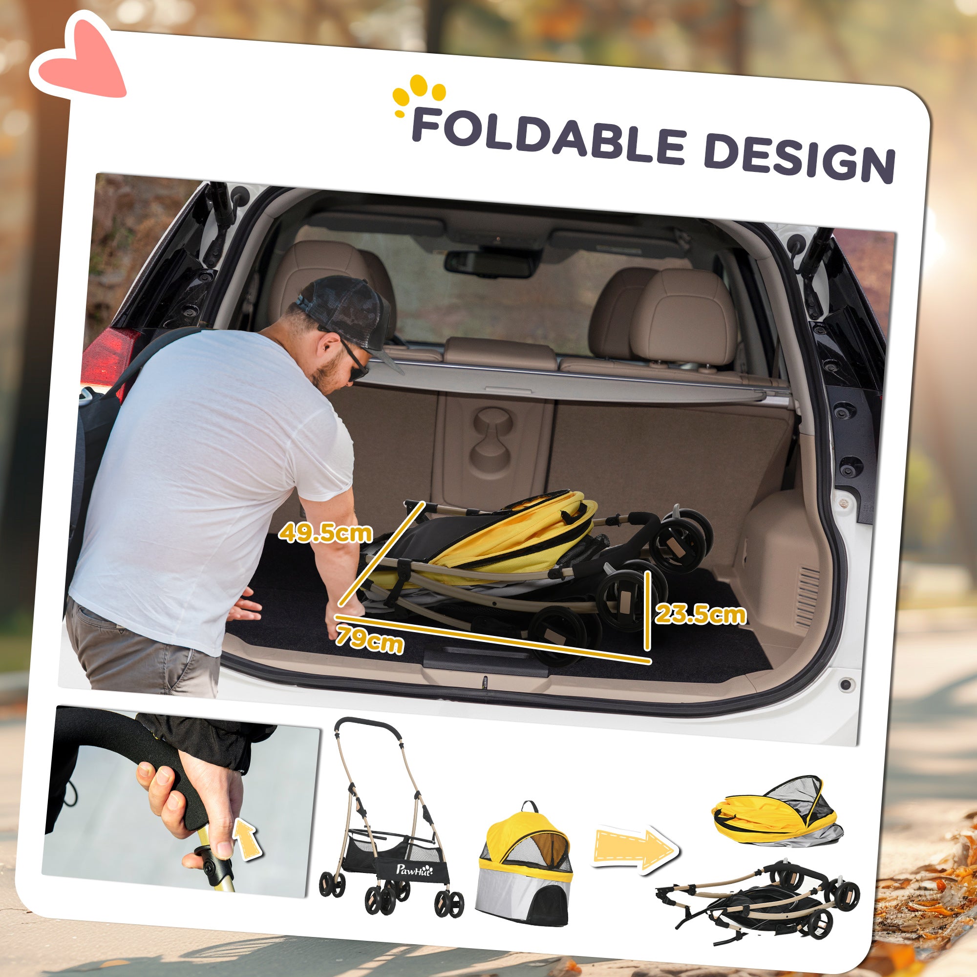 PawHut 3 In 1 Detachable Pet Stroller, for Extra Small and Small Dogs - Yellow - North Peak Garden Furniture