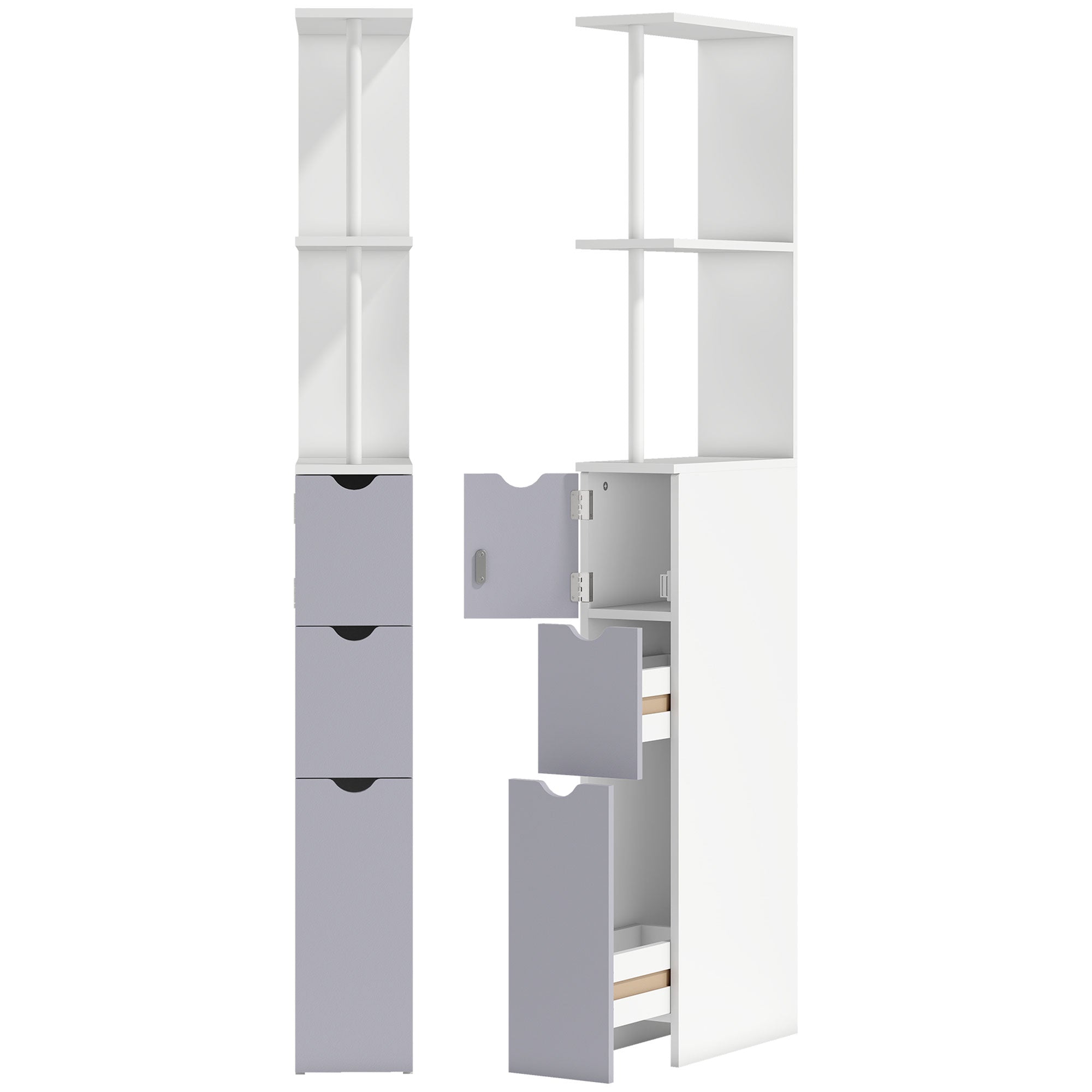 HOMCOM Tall Bathroom Cabinet, Freestanding Bathroom Storage Cabinet with 2-Tier Shelf and Drawers, Narrow Cupboard Storage Unit, White, Grey