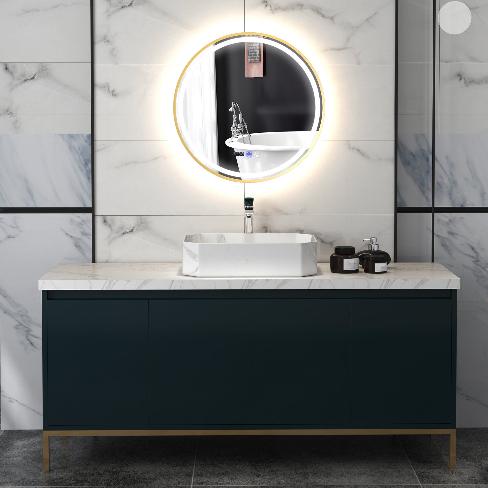 HOMCOM Round Bathroom Mirror with LED Lights, 600mm Backlit Illuminated Bathroom Mirror, Dimmable Wall Mounted Vanity Mirror with Demister Pad, Touch Switch, Time and Temp Display, Gold Tone - North Peak Garden Furniture