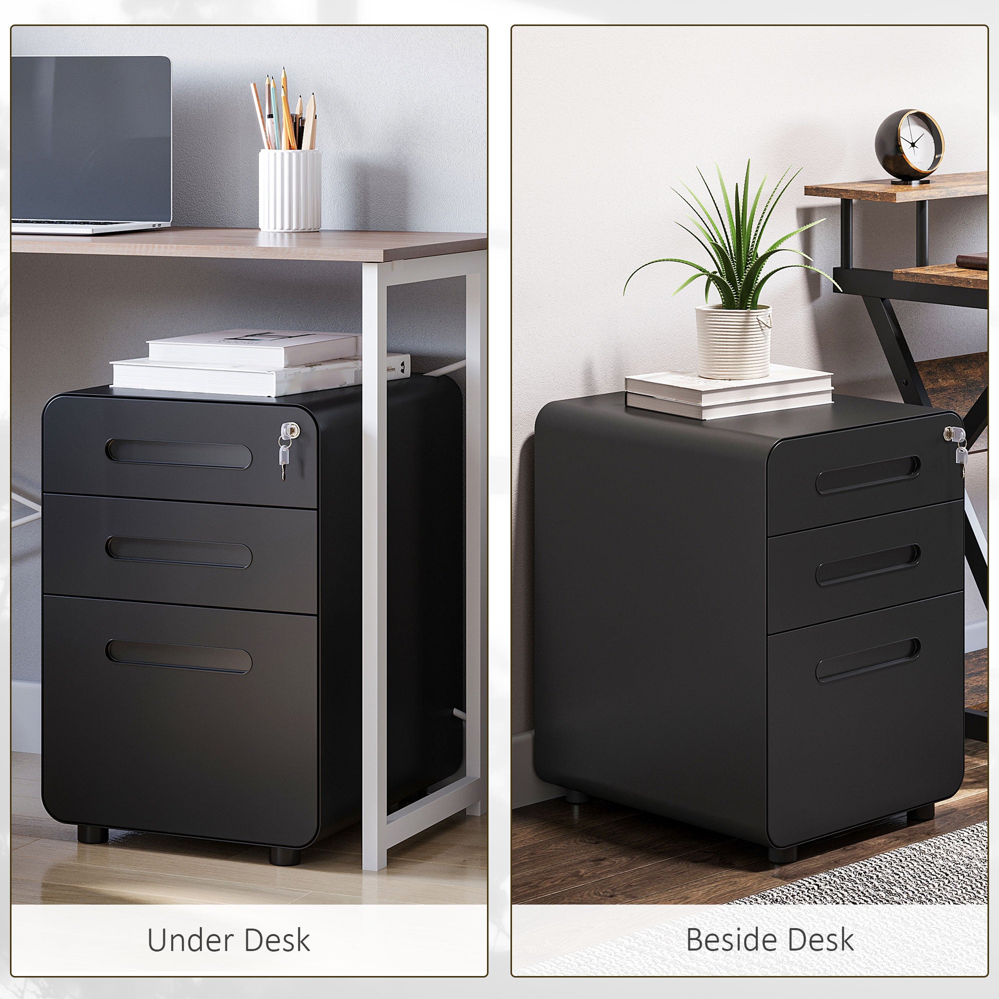 Vinsetto Lockable File Cabinet with 3 Drawers, Vertical Office Drawer for A4, Letter, Legal Size, Anti-tilt Design, Pre-Assembled Body, Black - North Peak Garden Furniture