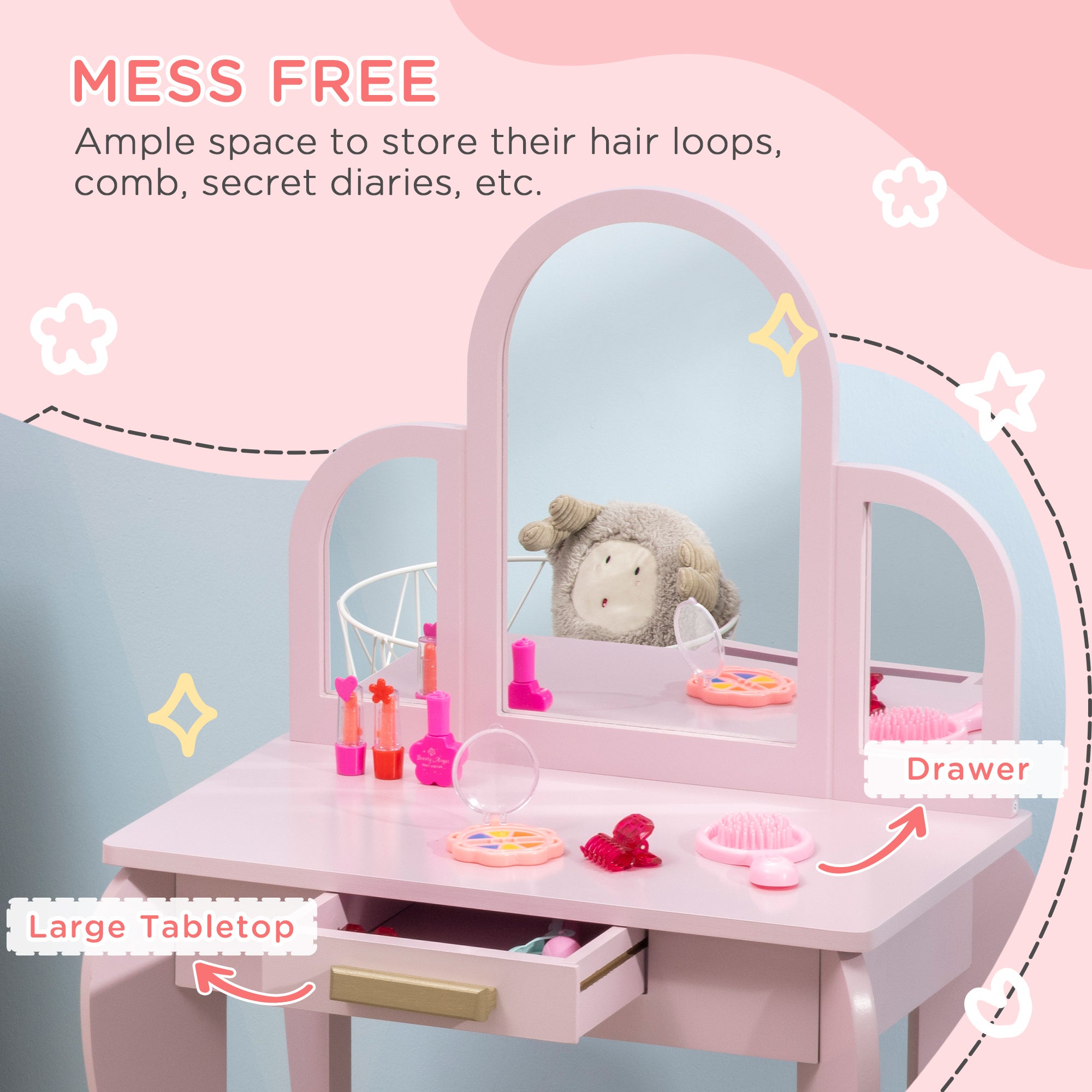 HOMCOM Kids Dressing Table Set, with Mirror and Drawer - Pink