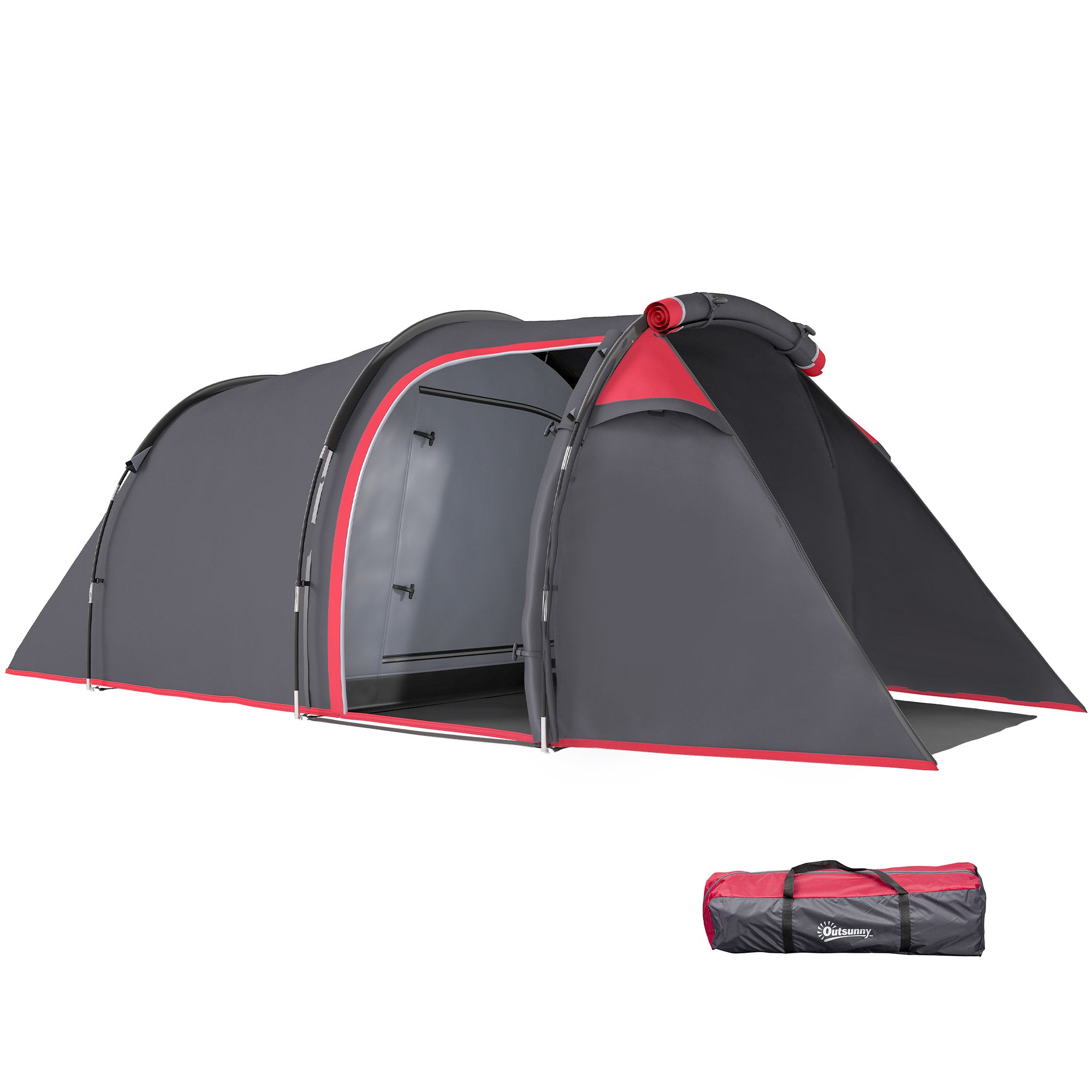 Outsunny 2-3 Person Tunnel Tent with Sewn-in Groundsheet, Air Vents, Rainfly, 2000mm Water Column, Camping Tent with 1 Bedroom, Inbuilt Porch, Living Area for Camping, Hiking, Grey
