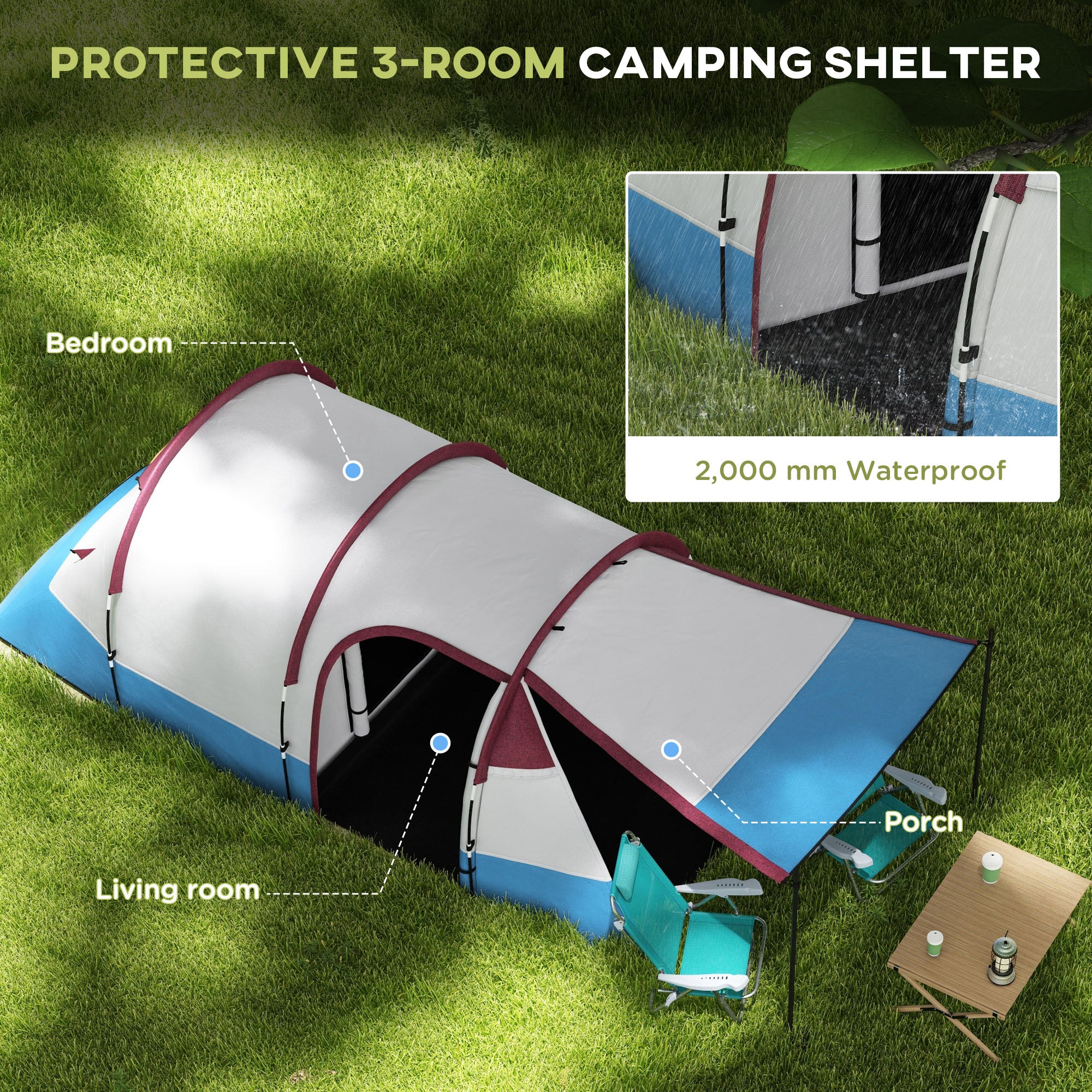 Outsunny Camping Tent, Large Tunnel Tent with Bedroom and Living Area, 2000mm Waterproof, Portable with Bag for 2-3 Man, Red - North Peak Garden Furniture