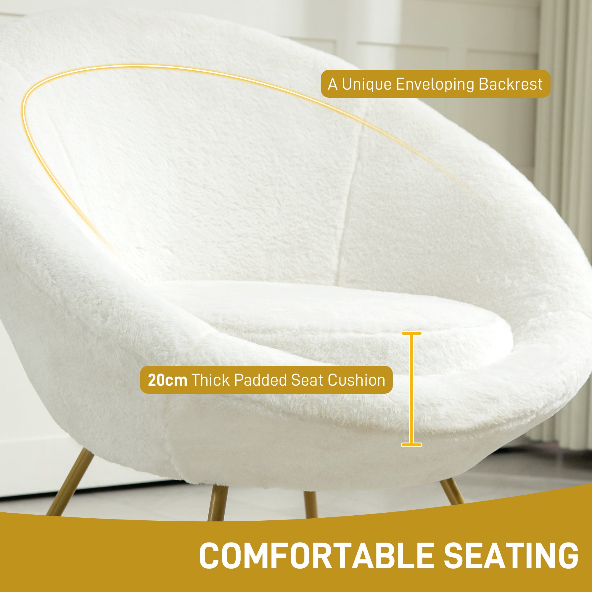 HOMCOM Faux Fur Accent Chair with Golden Metal Legs, Upholstered Comfy Chair with Non-Slip Footpads, Seat Cushion for Bedroom, Living Room and Office, White - North Peak Garden Furniture