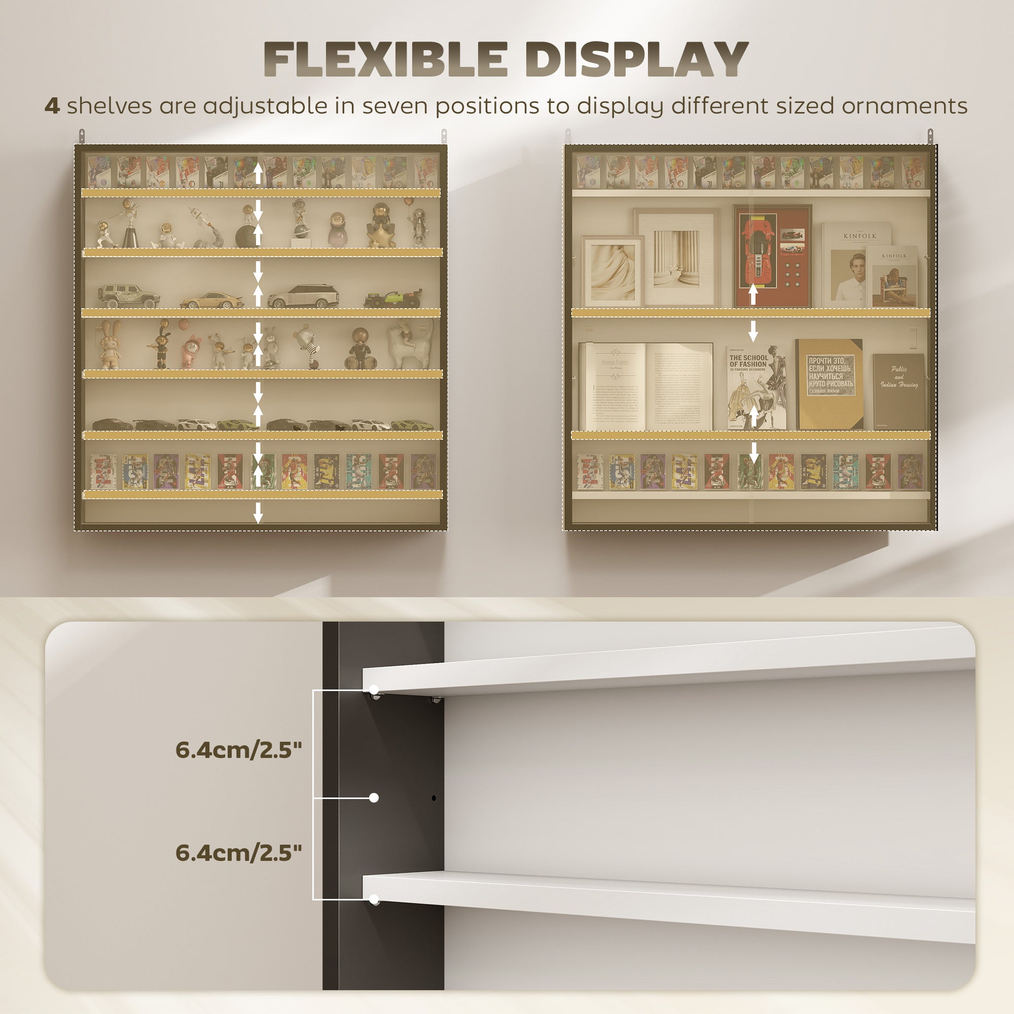 HOMCOM Six Shelf Display Cabinet, with Glass Doors - Black and White