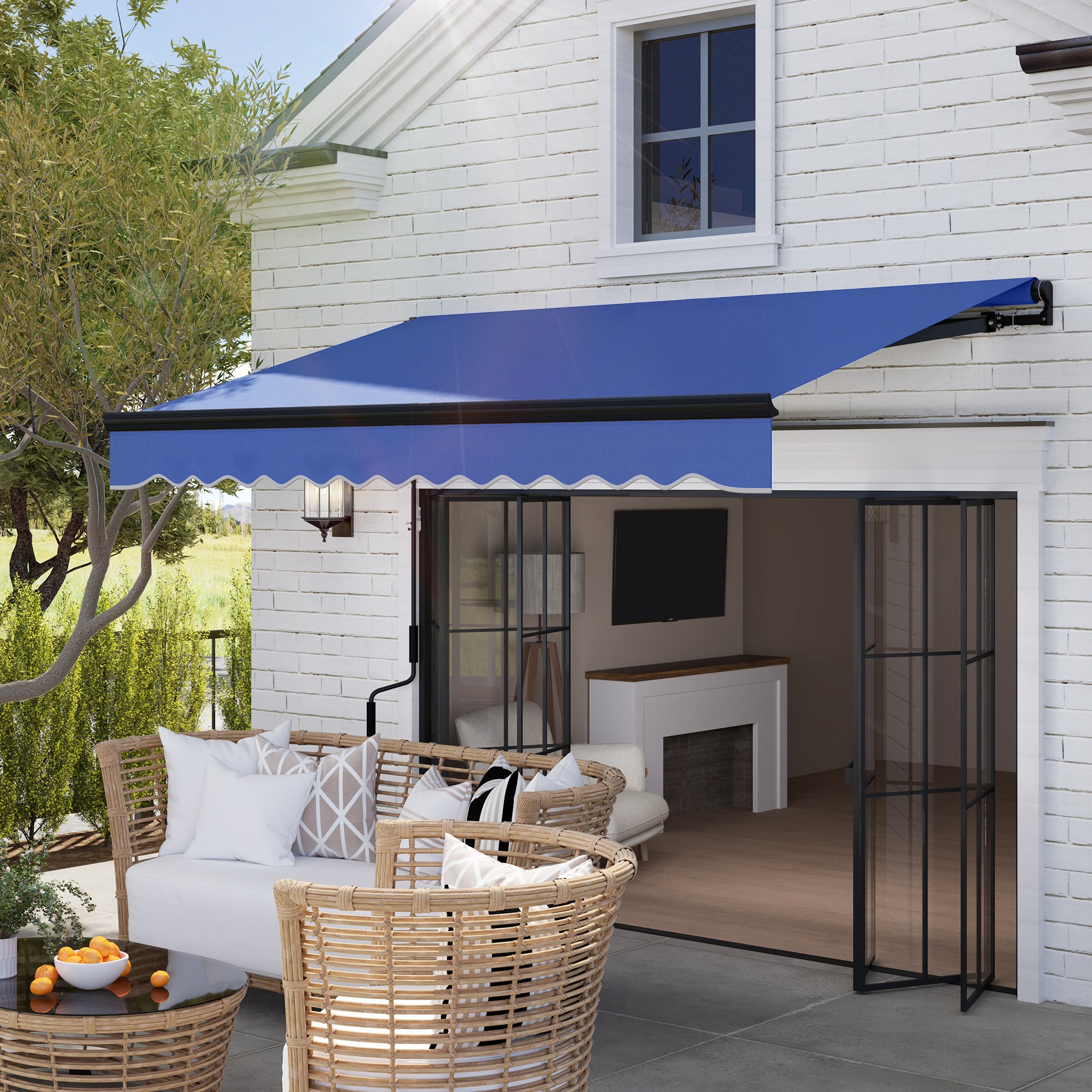Outsunny 3 x 2.5m Electric Awning with LED Light and Remote Controller, Aluminium Frame DIY Retractable Awning, UV50+ Sun Shade Canopy for Garden Patio Deck Door Window, Blue - North Peak Garden Furniture