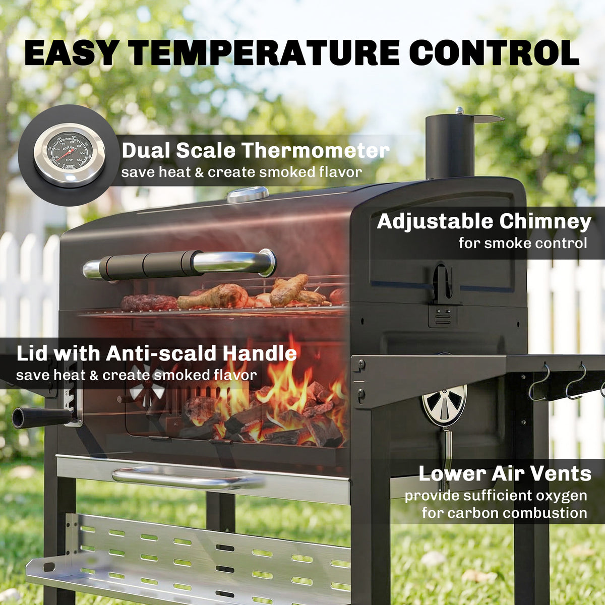 Outsunny Charcoal BBQ Grill Smoker with Electric Rotisserie Kit, Portable Barbecue Grill with Warming Rack, Black