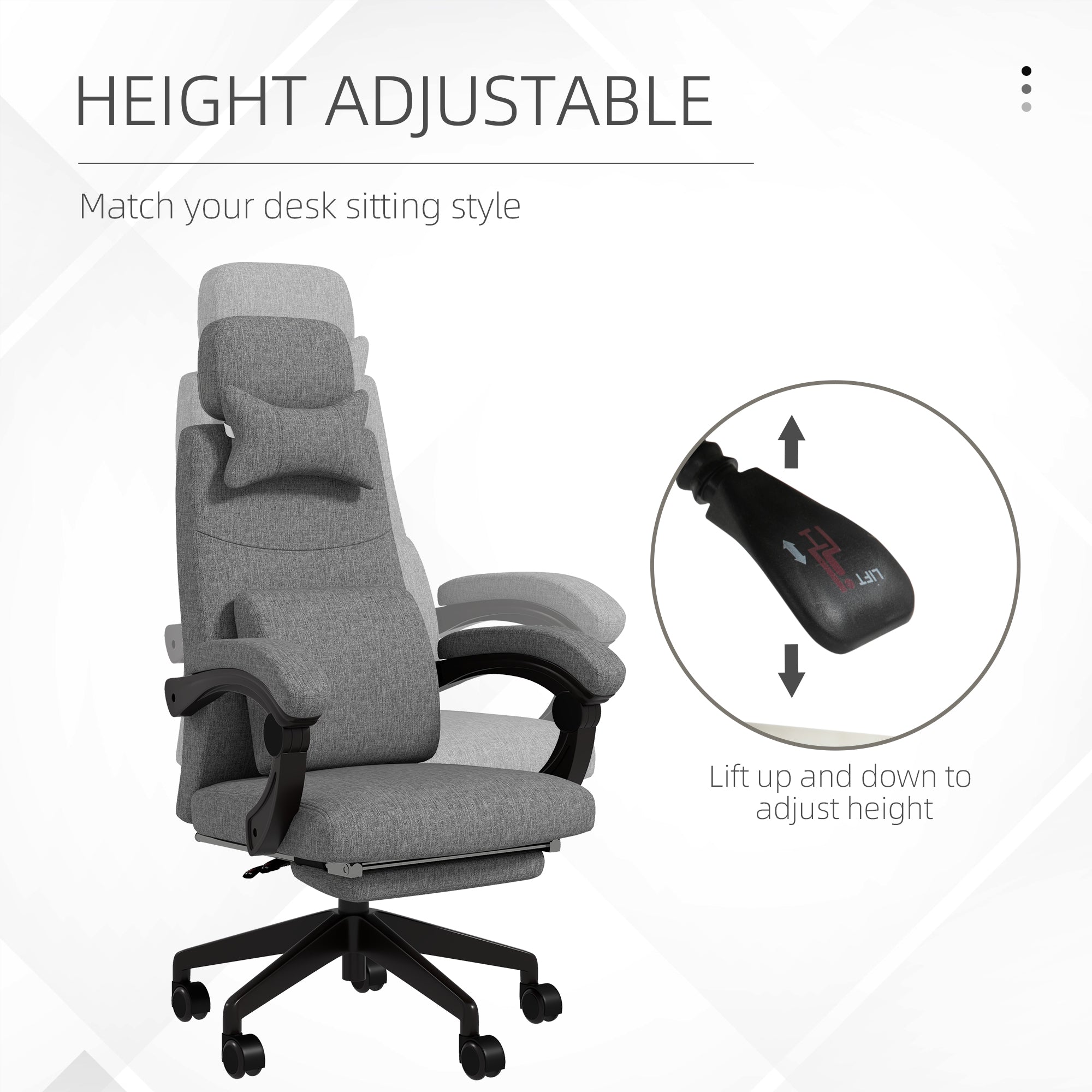 Vinsetto Linen-Look Office Chair, with 160° Reclining Back and Footrest - Grey - North Peak Garden Furniture