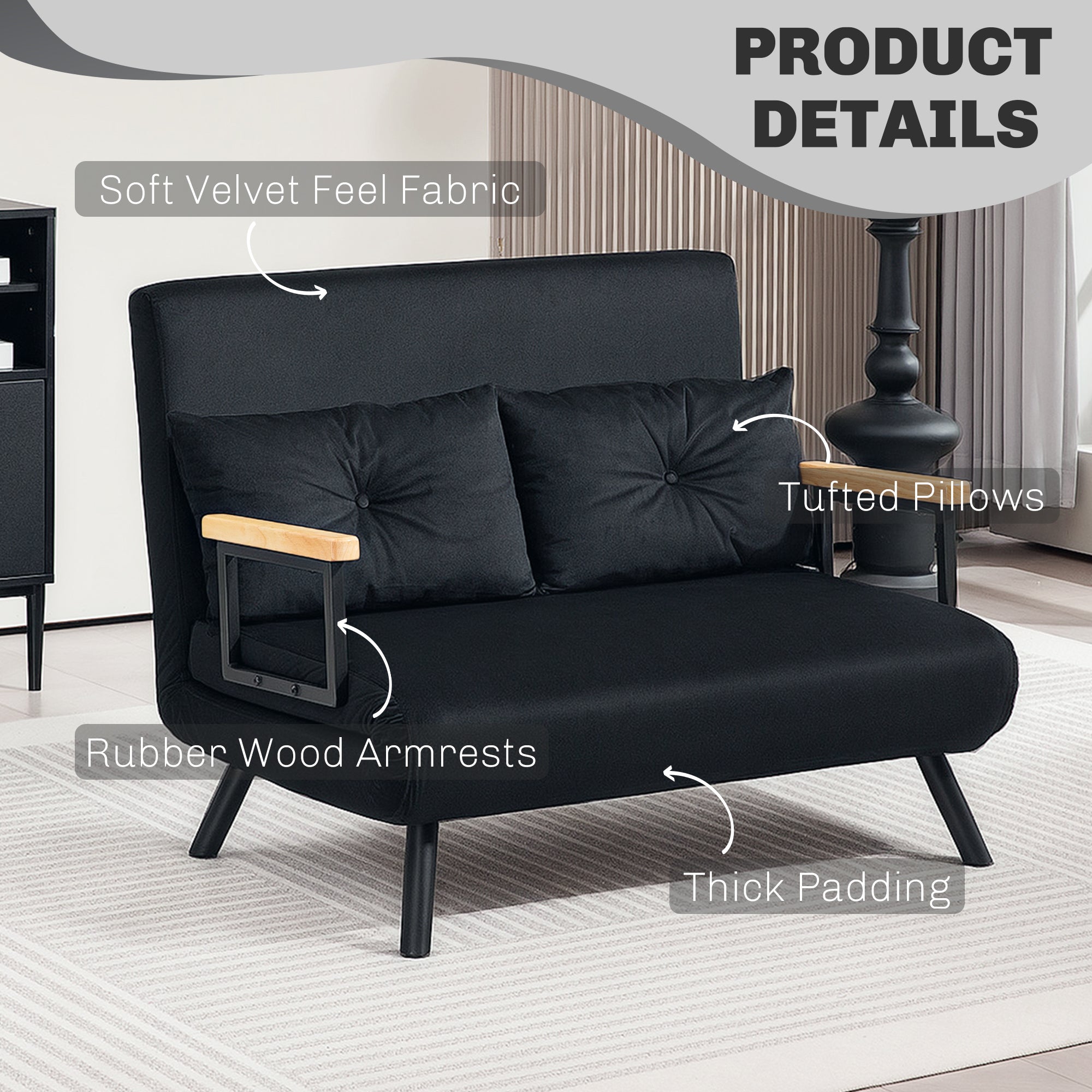 HOMCOM 4-in-1 Velvet-Feel Double Sofa Bed, with Pillows - Black - North Peak Garden Furniture