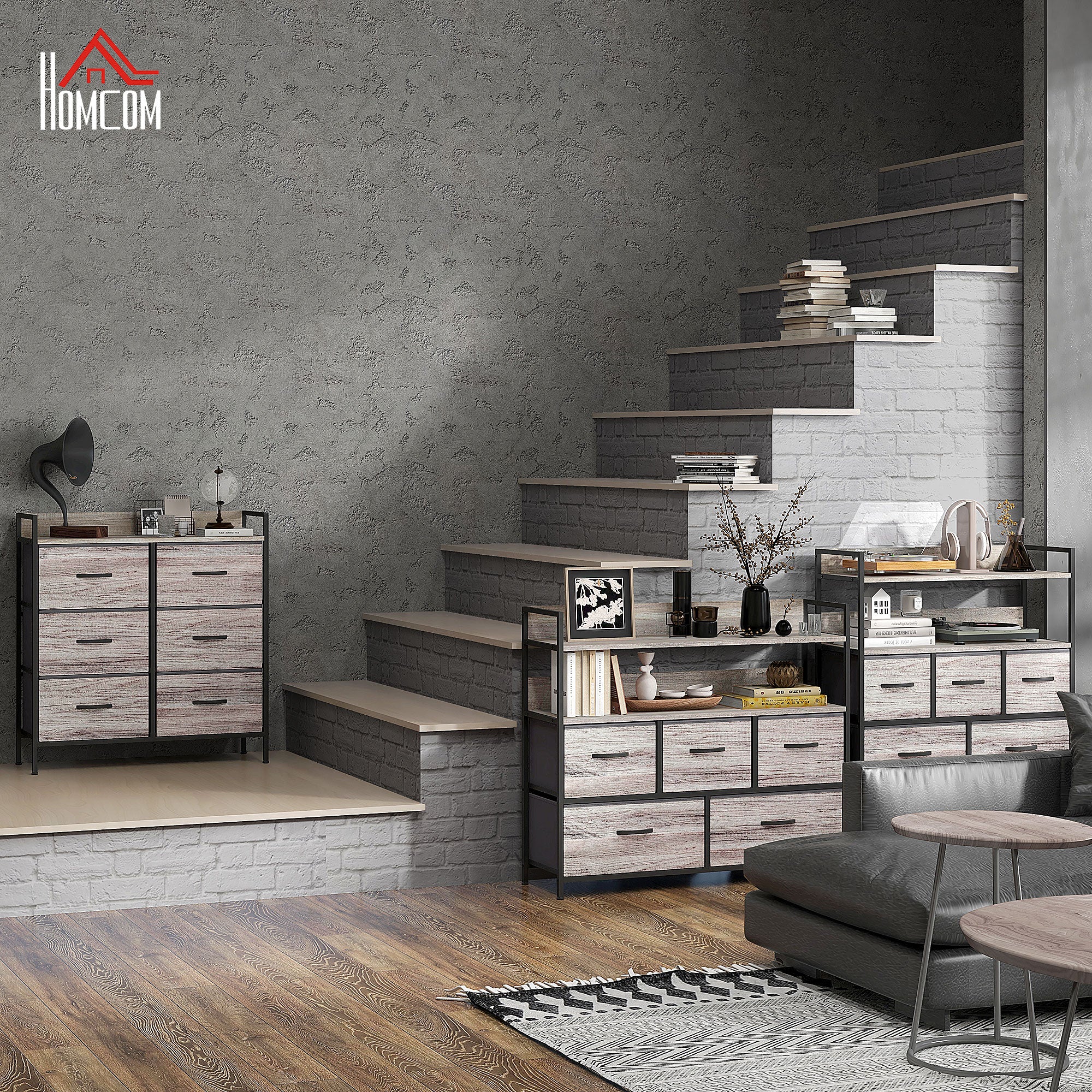 HOMCOM Rustic Chest of Six Fabric Drawers - Grey Wood Effect - North Peak Garden Furniture