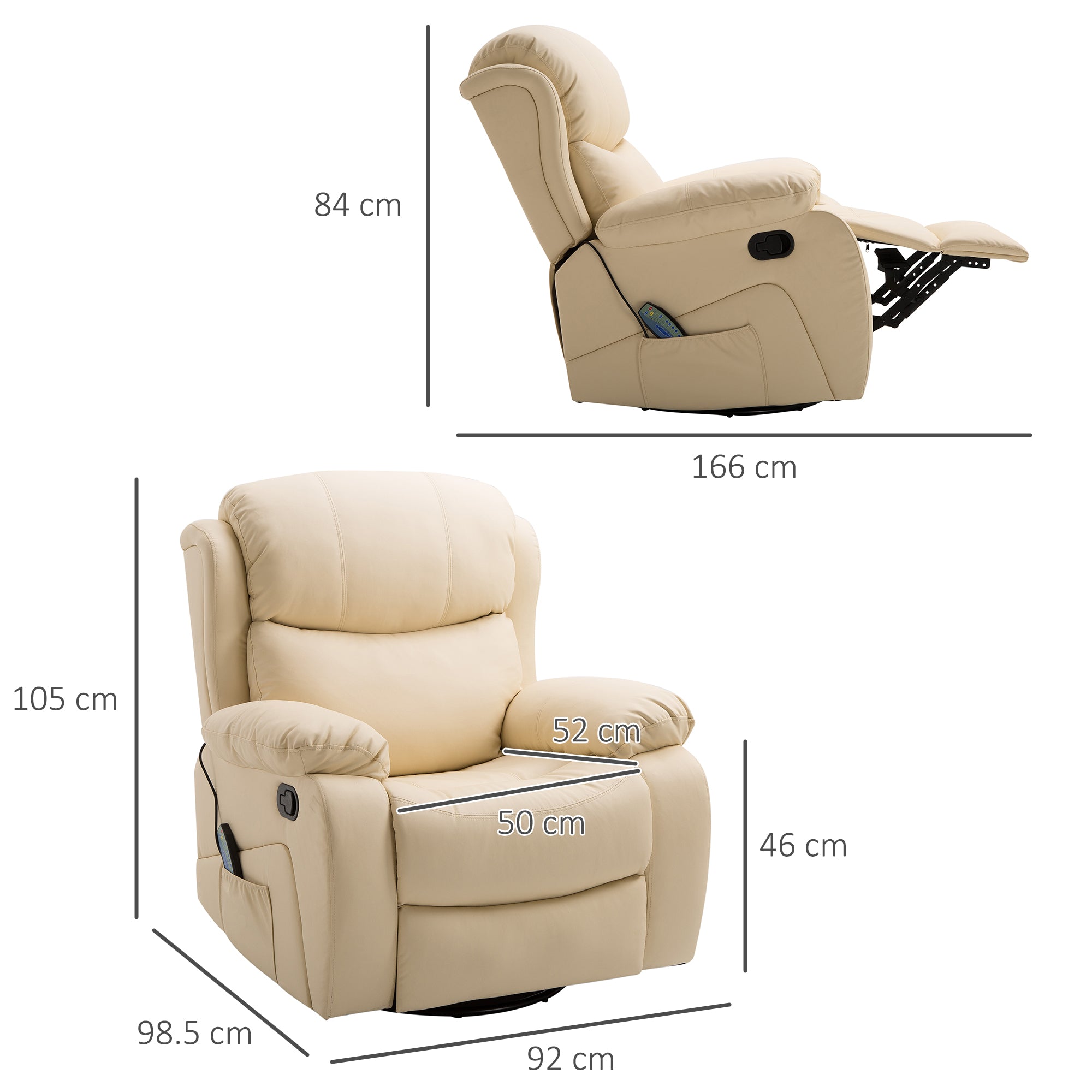 HOMCOM PU Leather Reclining Chair with 8 Massage Points and Heat, Manual Recliner with Swivel Base, Footrest and Remote, Beige - North Peak Garden Furniture