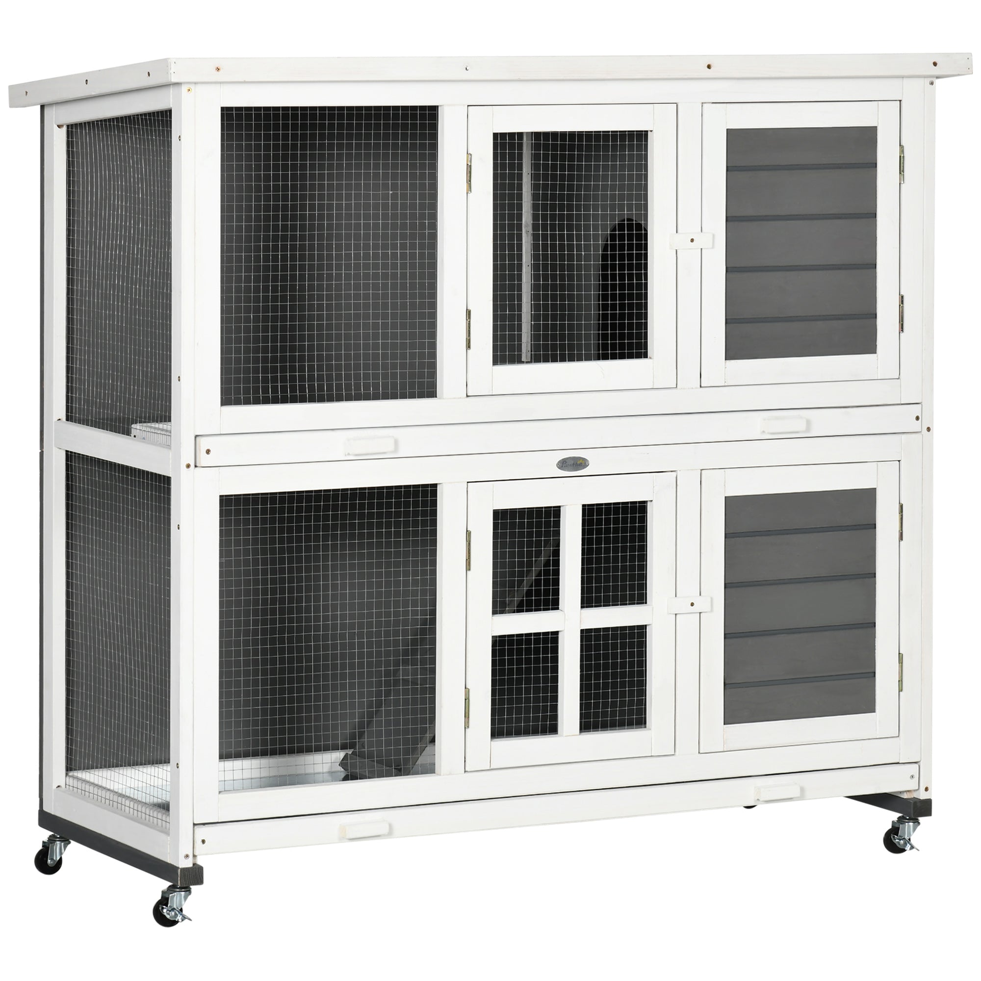 PawHut Wooden Rabbit Hutch, Two-Tier Guinea Pig Cage, with Removable Tray, Wheels - North Peak Garden Furniture