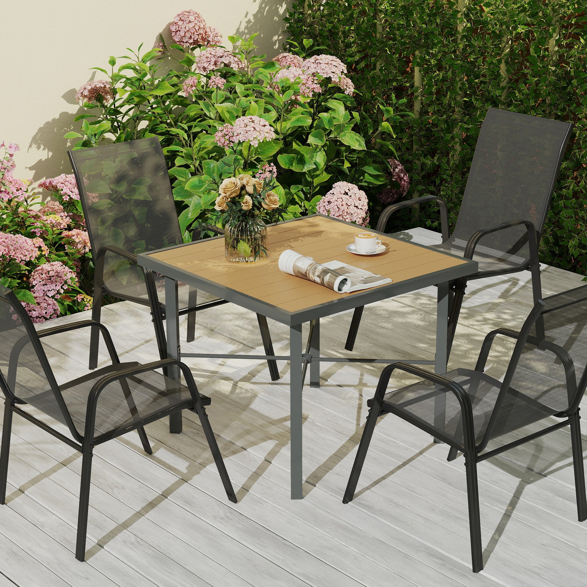 Outsunny Garden Table, 90cm Square Outdoor Patio Dining Table with 4.2 cm Umbrella Hole, Metal Frame, Wood Effect Top, for Terrace, Balcony, Natural Wood Finish - North Peak Garden Furniture