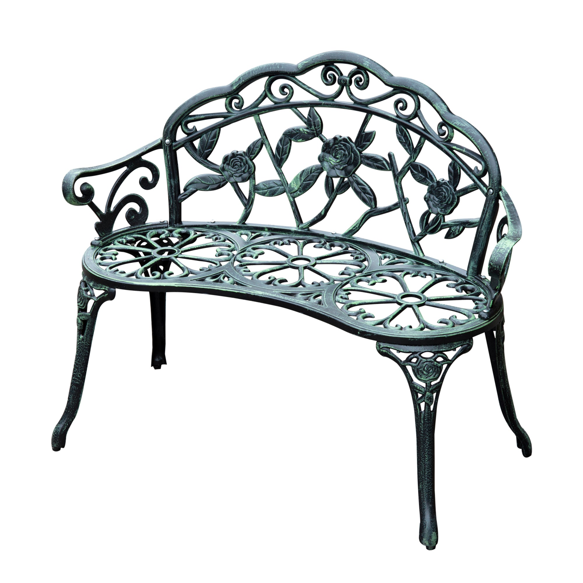 Outsunny Cast Aluminium Outdoor Garden Patio Antique Rose Style Bench Porch Park Chair Seater - Green