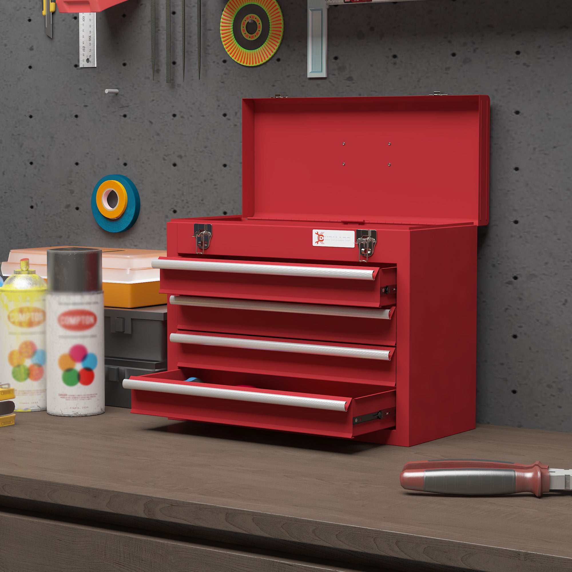 DURHAND Lockable Metal Tool Box, 4 Drawer Tool Chest with Latches, Handle, Ball Bearing Runners, Red - North Peak Garden Furniture