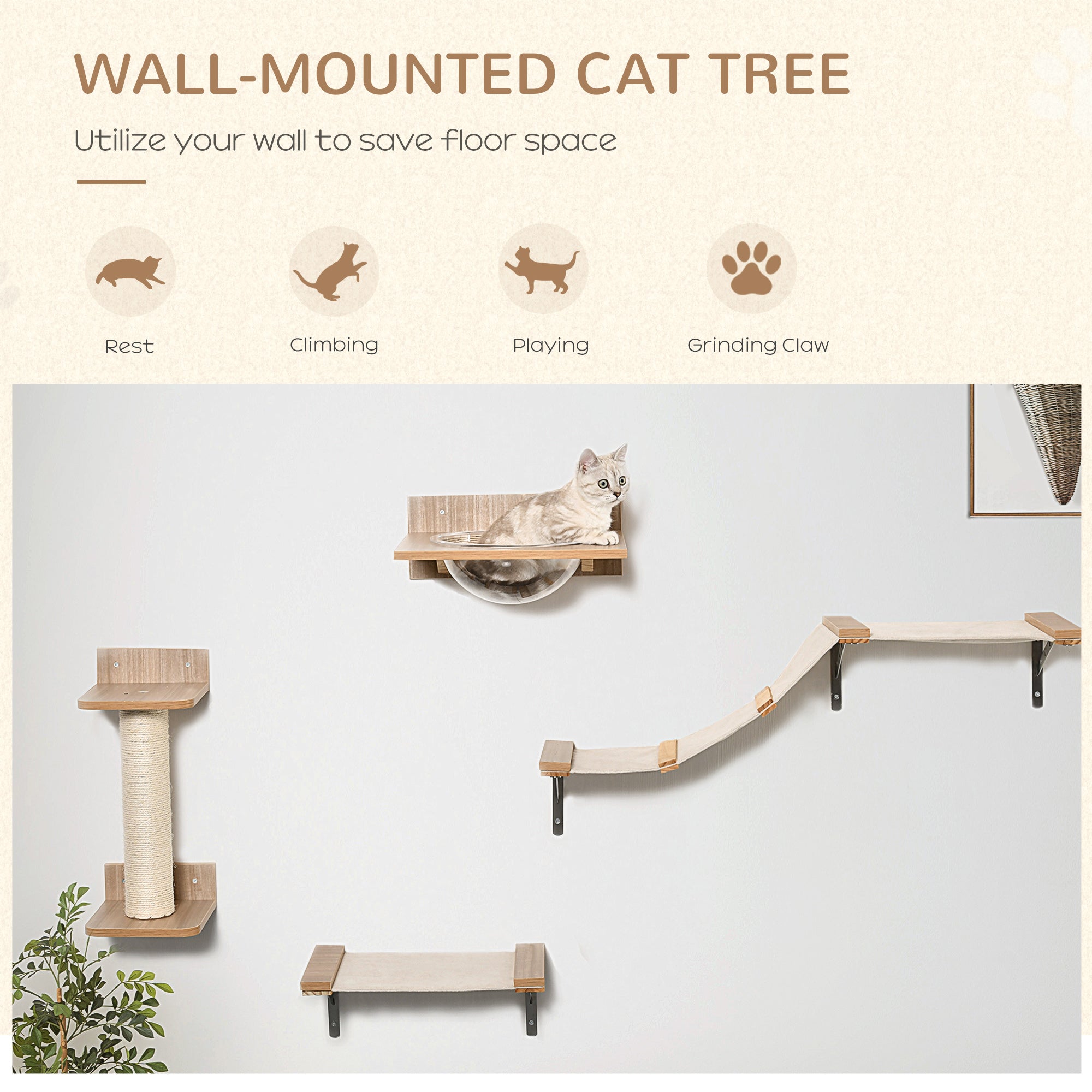 PawHut 4PCs Wall-mounted Cats Climbing Shelf Set Cat Tree Kitten Perch Activity Center with Hammock Scratching Post Jumping Platform Brown - North Peak Garden Furniture