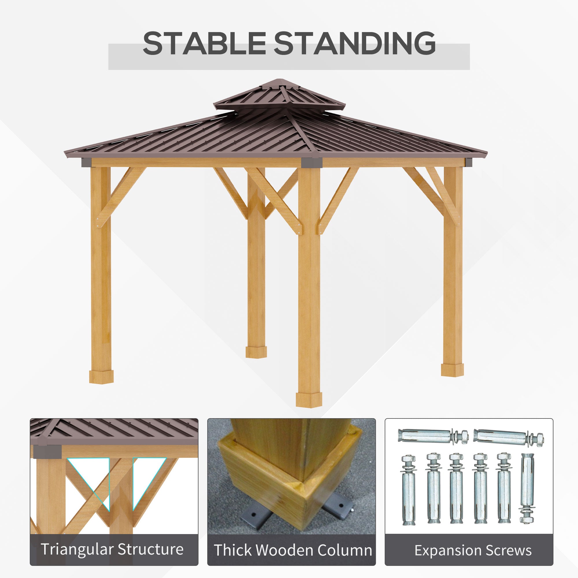 Outsunny 3x(3)M Outdoor Hardtop Gazebo Canopy with 2-Tier Roof and Solid Wood Frame, Outdoor Patio Shelter for Patio, Garden, Brown - North Peak Garden Furniture