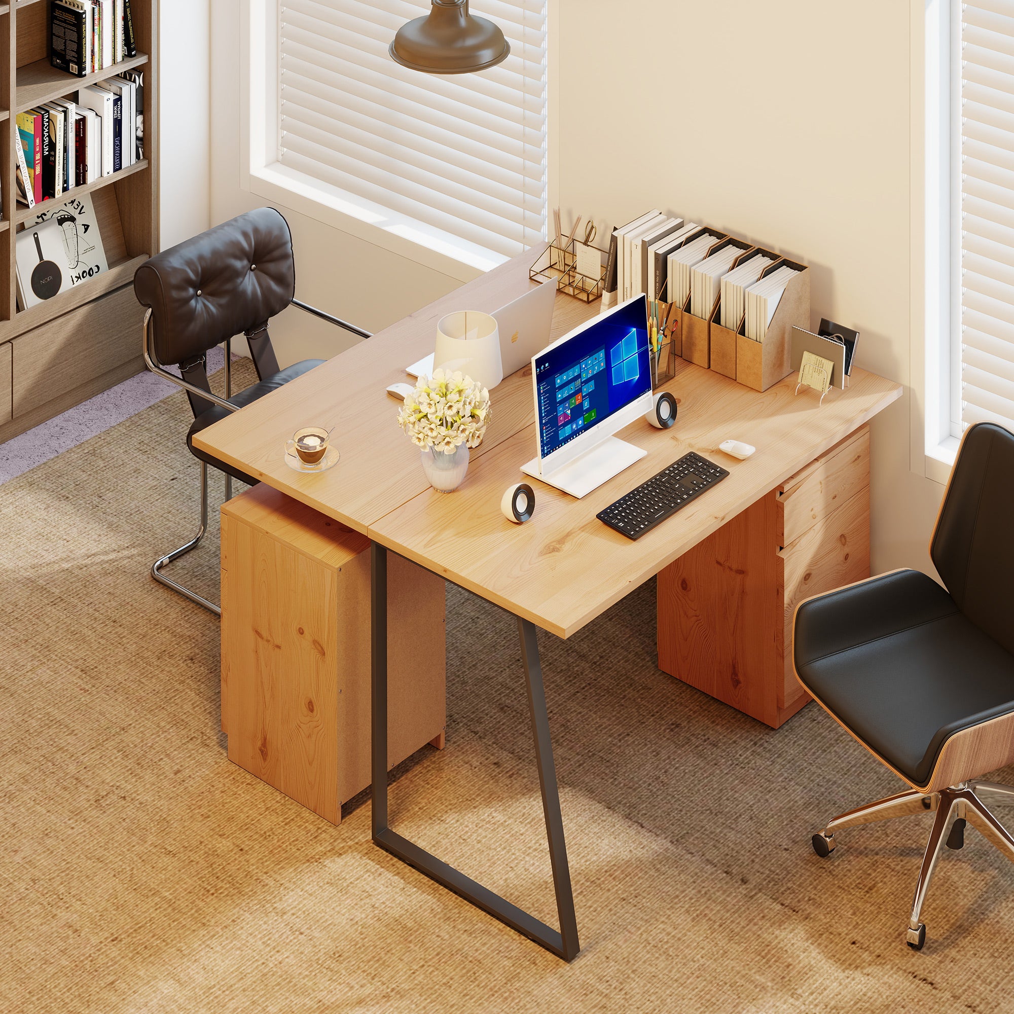 HOMCOM Computer Desk, Writing Desk with Cabinet, Drawer, Metal Legs, Work Table for Home Office Study, Natural Wood Finish