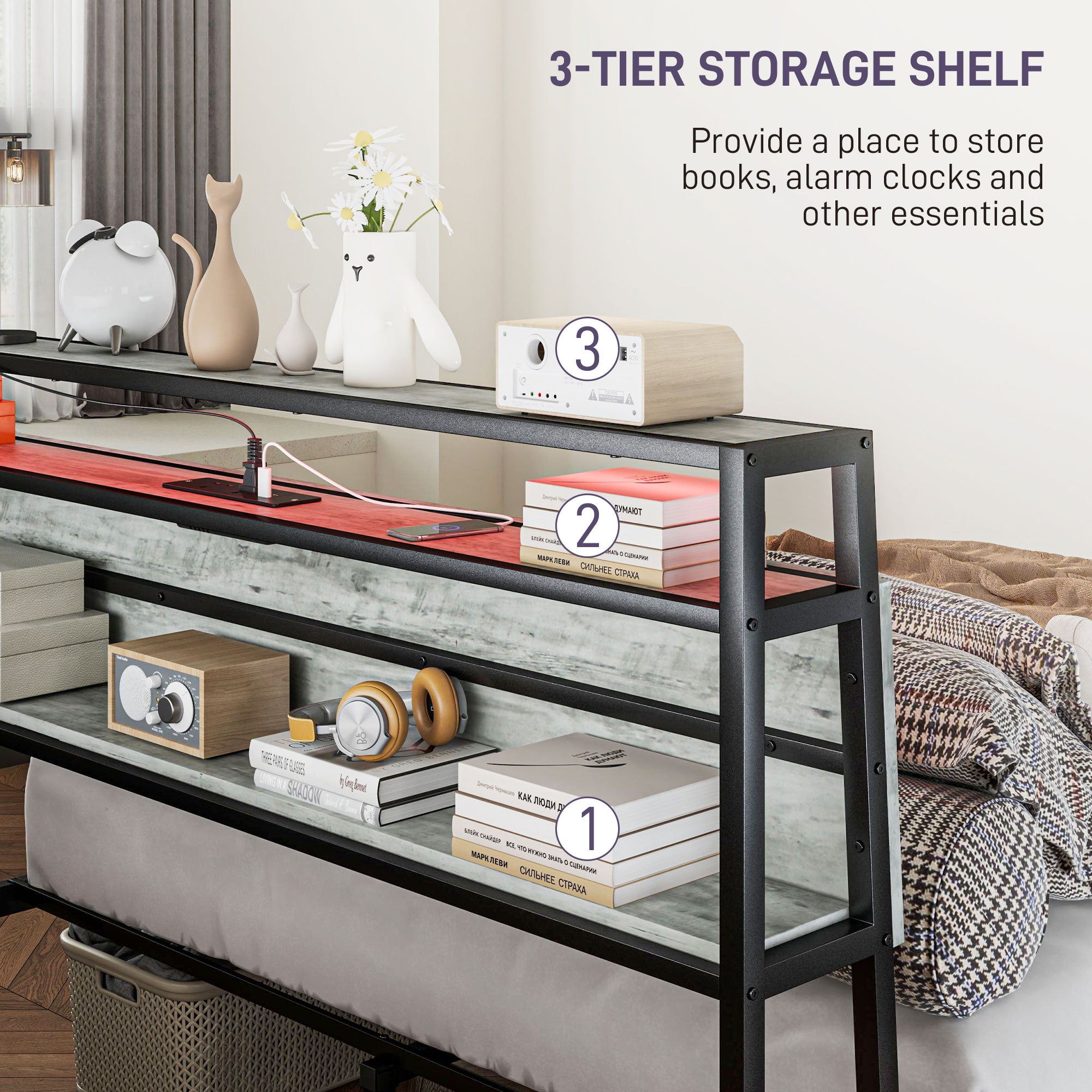 HOMCOM King Steel Bed Frame, with LED Lights and Headboard Shelf - Grey - North Peak Garden Furniture