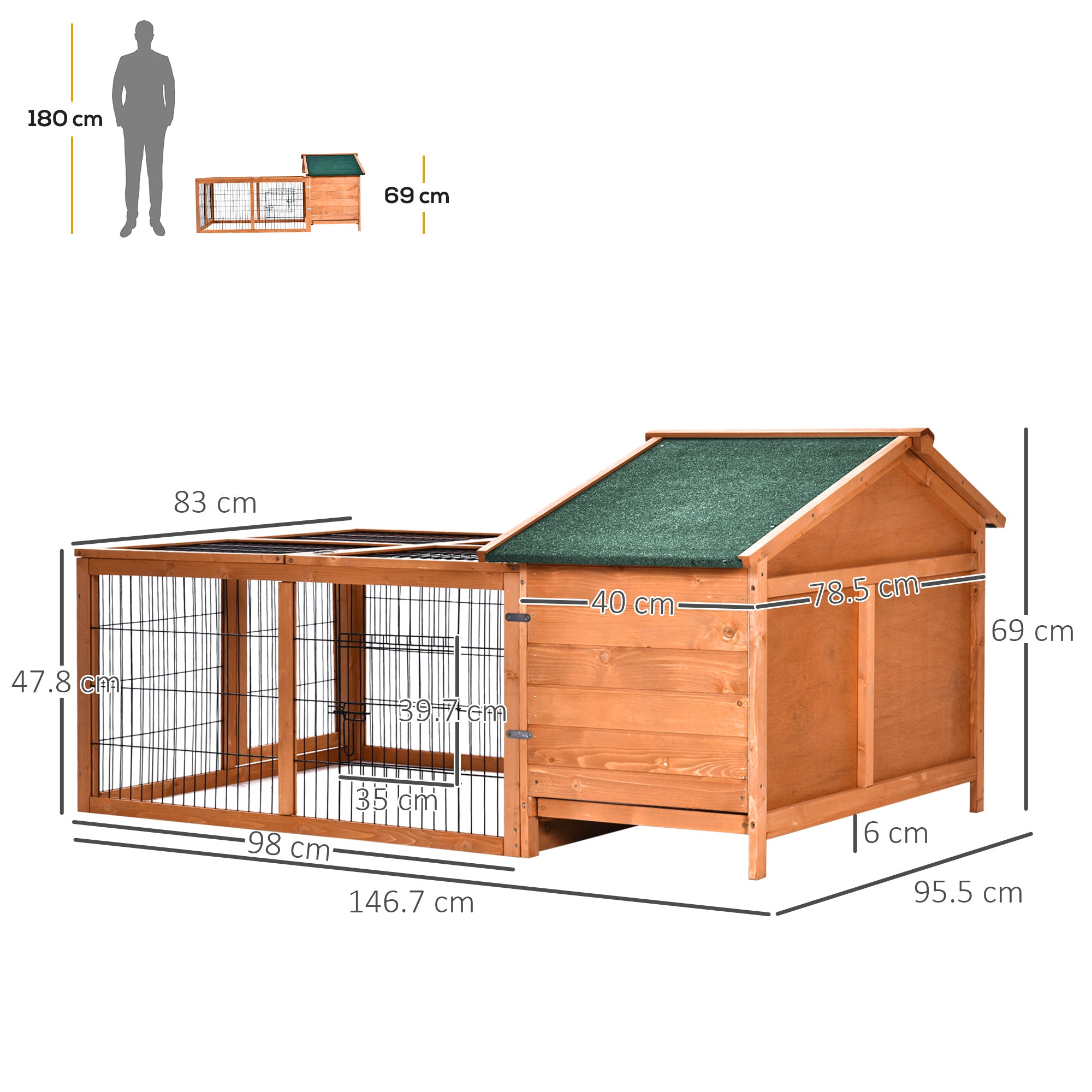 PawHut Wooden Rabbit Hutch Outdoor, Guinea Pig Hutch, Detachable Pet House Animal Cage with Openable Run & Roof Lockable Door Slide-out Tray 146 x 95 x 69cm - North Peak Garden Furniture