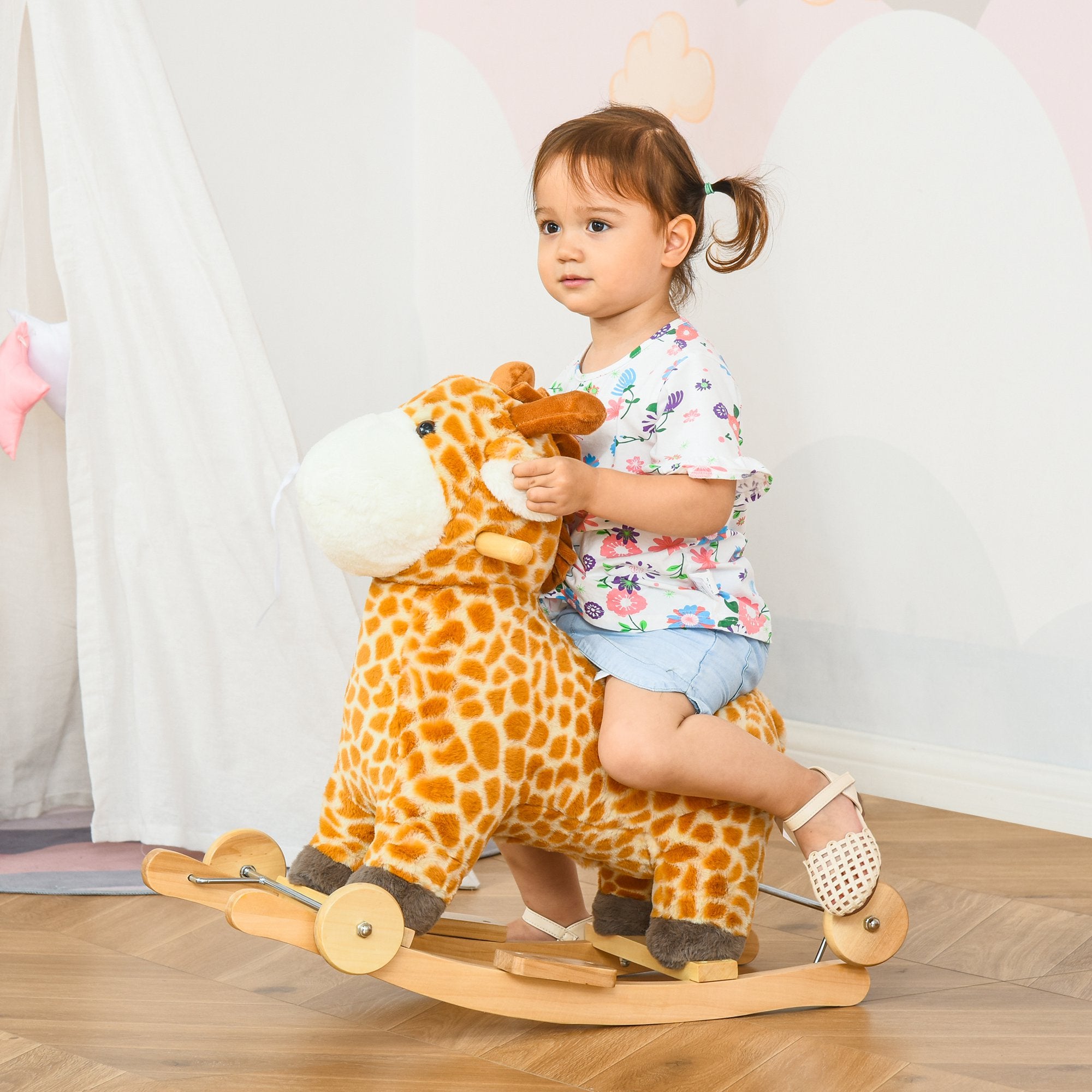 HOMCOM 2 In 1 Kids Todder Rocking Horse Plush Ride On Giraffe Rocker with Wheels Wooden Base Animal Sounds for 3-6 Years