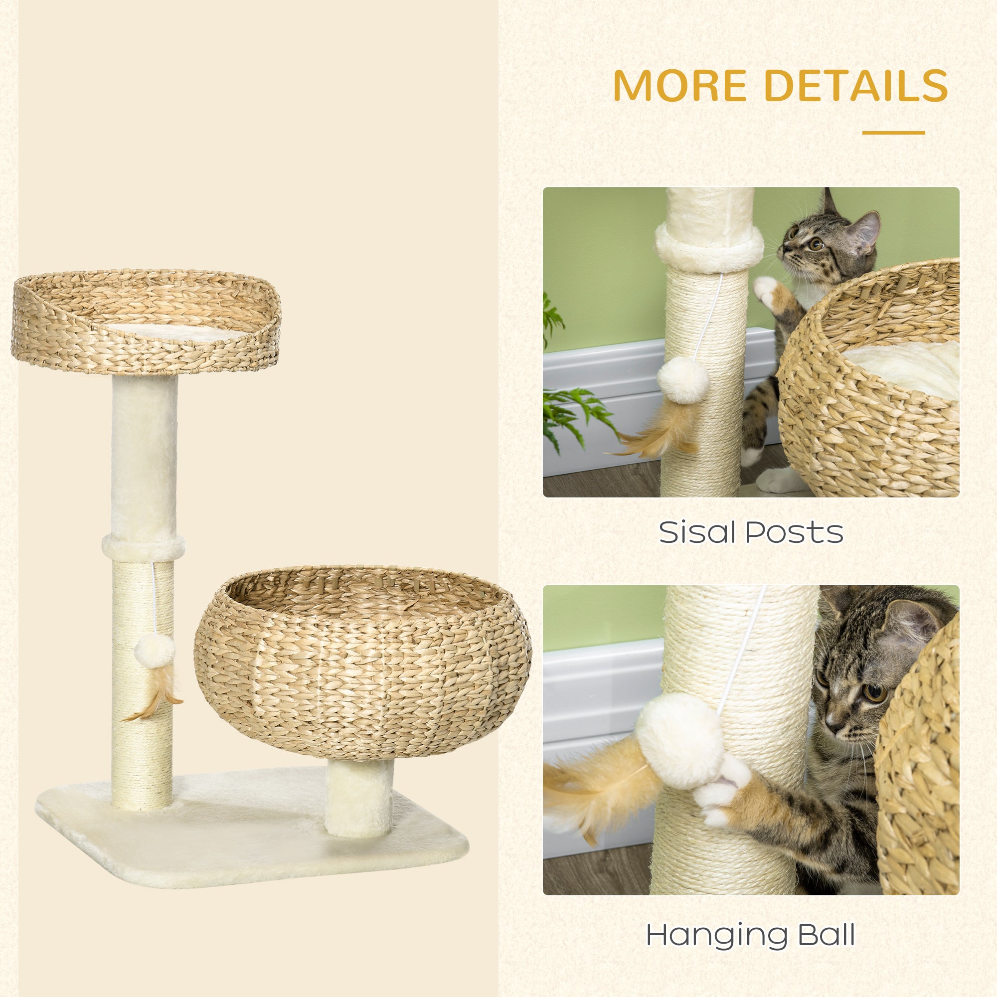 PawHut 72cm Cat Tree Kitten Tower, with Sisal Scratching Post, Two Beds, Toy Ball - North Peak Garden Furniture