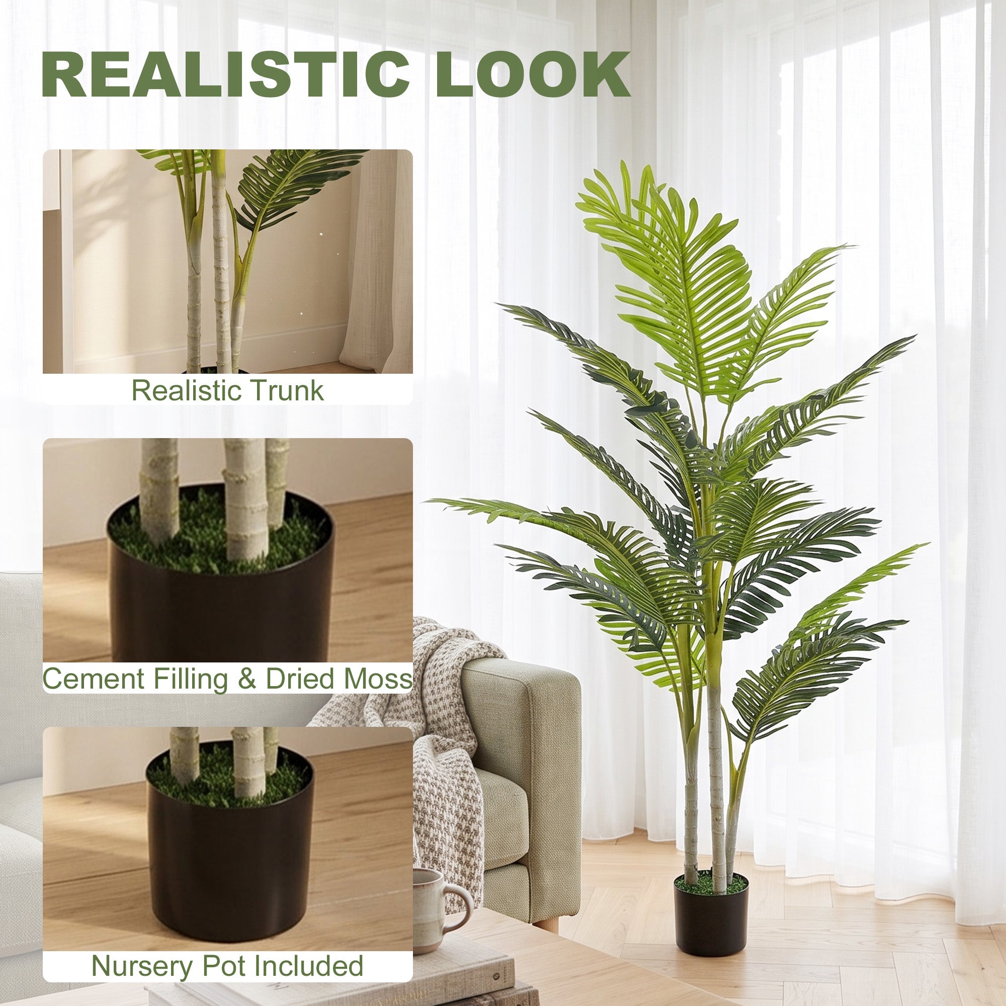 Outsunny Artificial Tree, 150cm Tropical Palm Tree, Fake Plants in Pots, Faux Green Plant for Indoor Outdoor Home Office Living Room Decoration