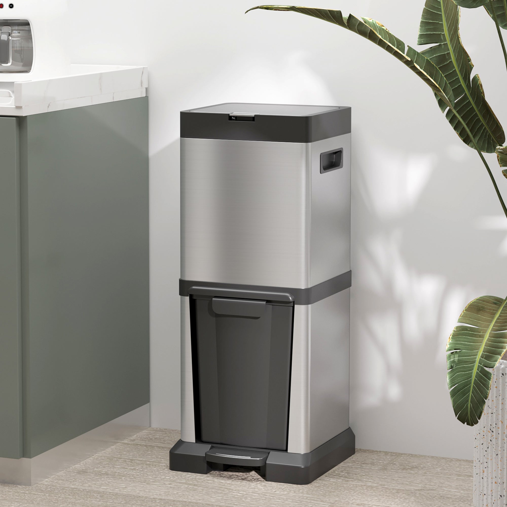 HOMCOM 34L Double Compartment Kitchen Bin, with Soft-Close Lid - North Peak Garden Furniture